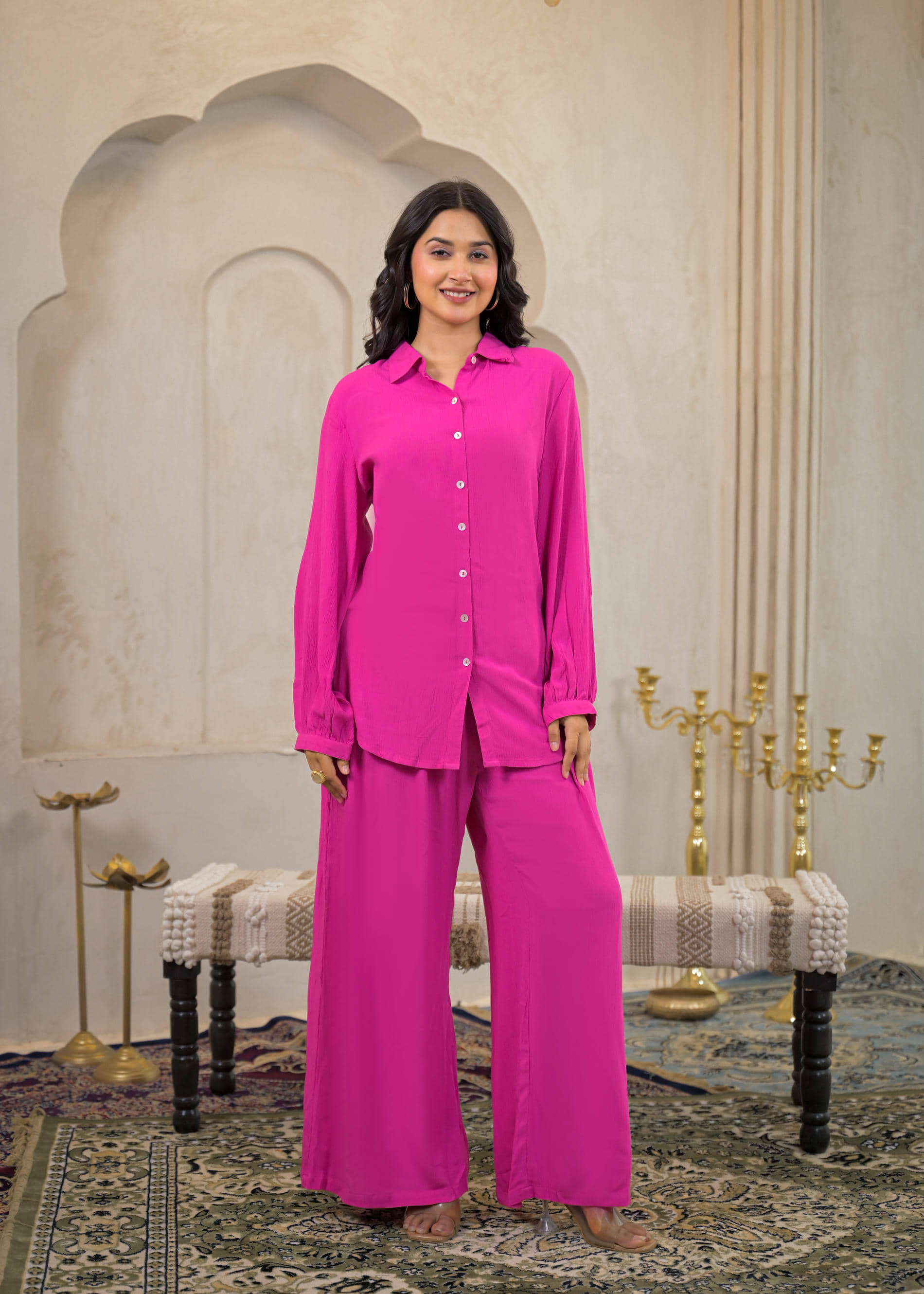 Juniper Women Solid Shirt With Palazzos Co-Ord Set ( Pink )