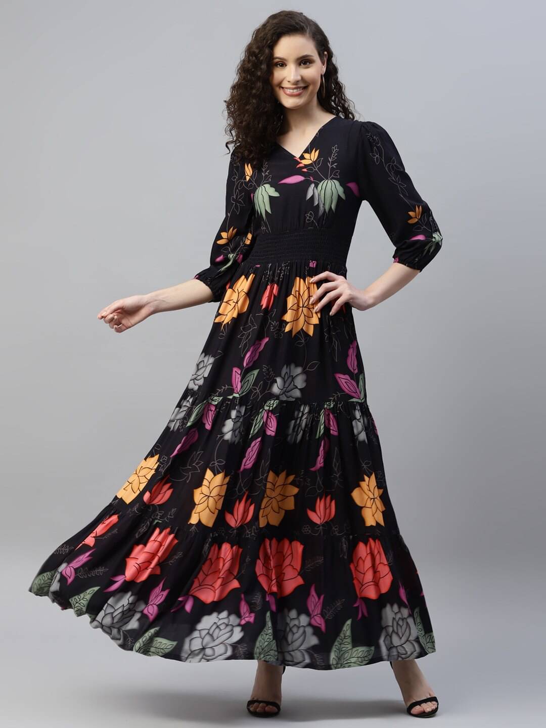 RAIYANI FASHION Women Crepe Printed Fit & Flare Dress ( Black ) RAIYANI FASHION Women Crepe Printed Fit & Flare Dress ( Black )