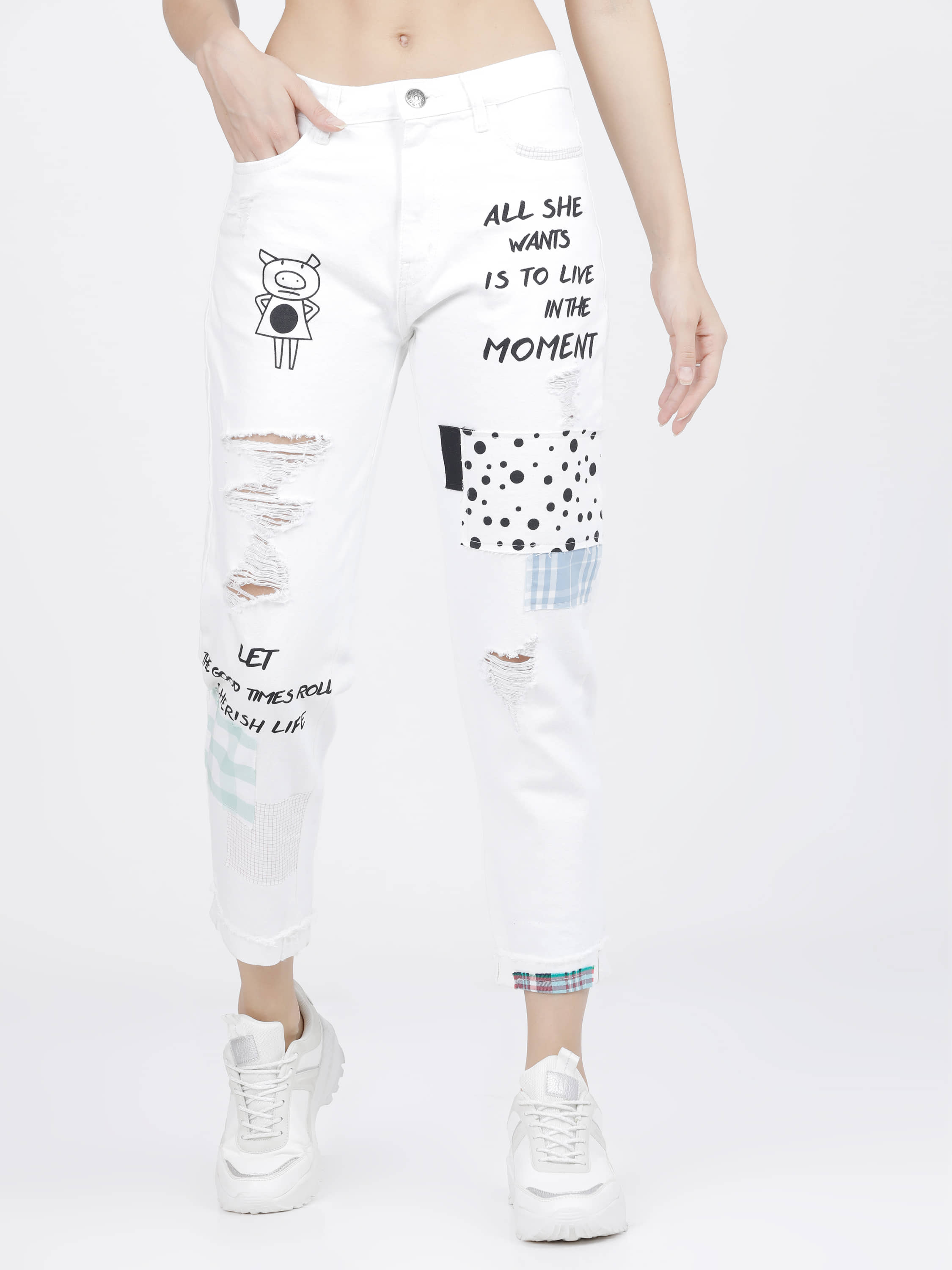Tokyo Talkies Women's Boyfriend Fit Mid-Rise Jeans ( White ) - Jeans | Buy online on ZillyBuy