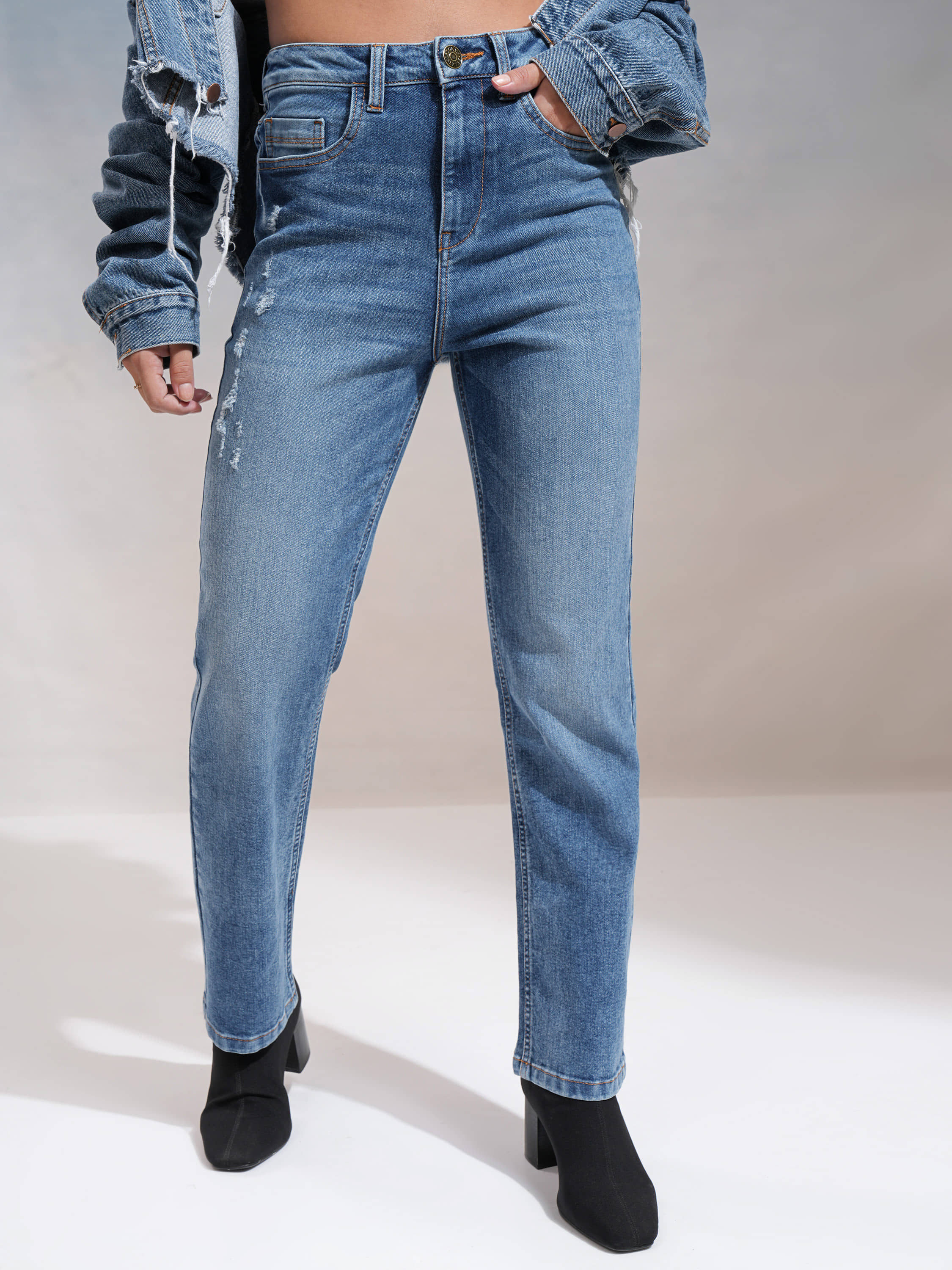 Tokyo Talkies Women's Straight Fit Mid-Rise Jeans ( Light Blue ) - Jeans | Buy online on ZillyBuy