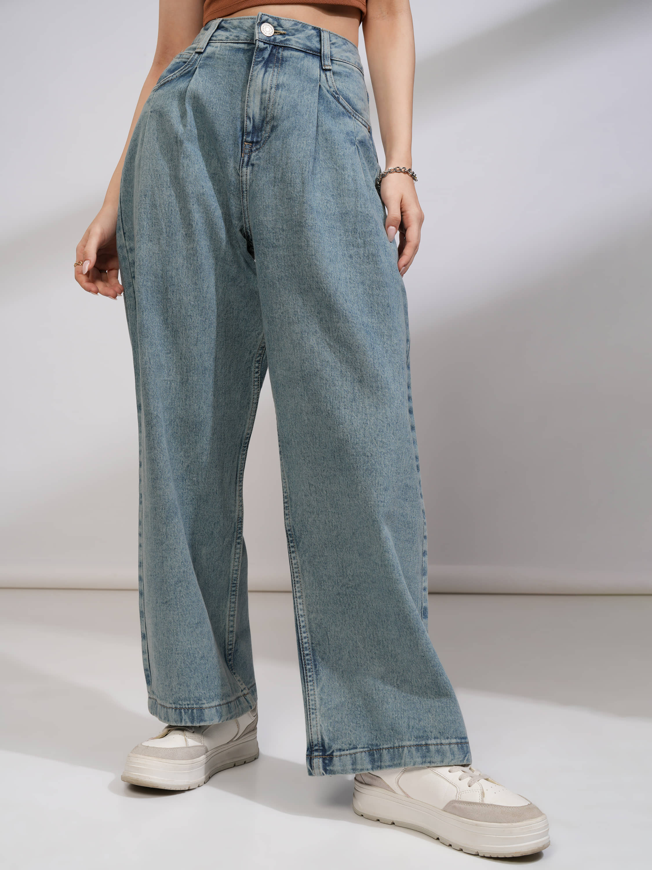 Tokyo Talkies Women's Wide Leg Mid-Rise Jeans ( Light Blue ) - Jeans | Buy online on ZillyBuy