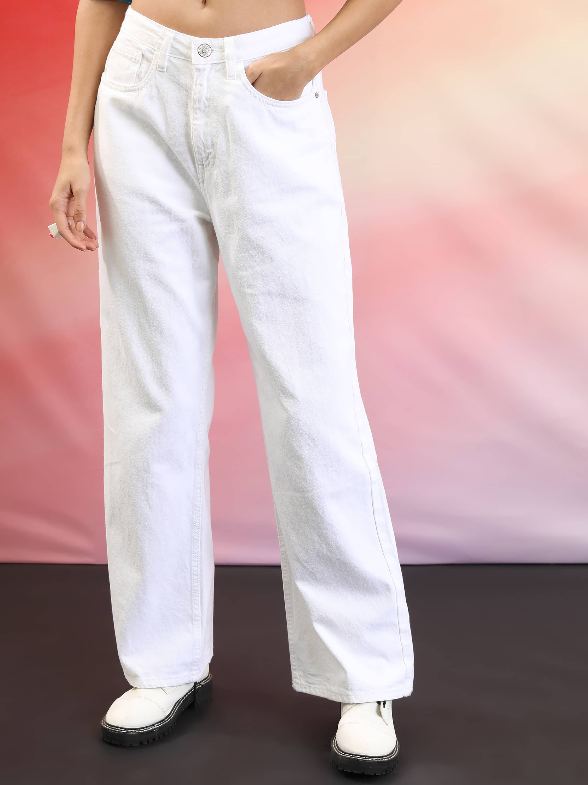 Tokyo Talkies Women's Wide Leg Mid-Rise Jeans ( White ) - Jeans | Buy online on ZillyBuy