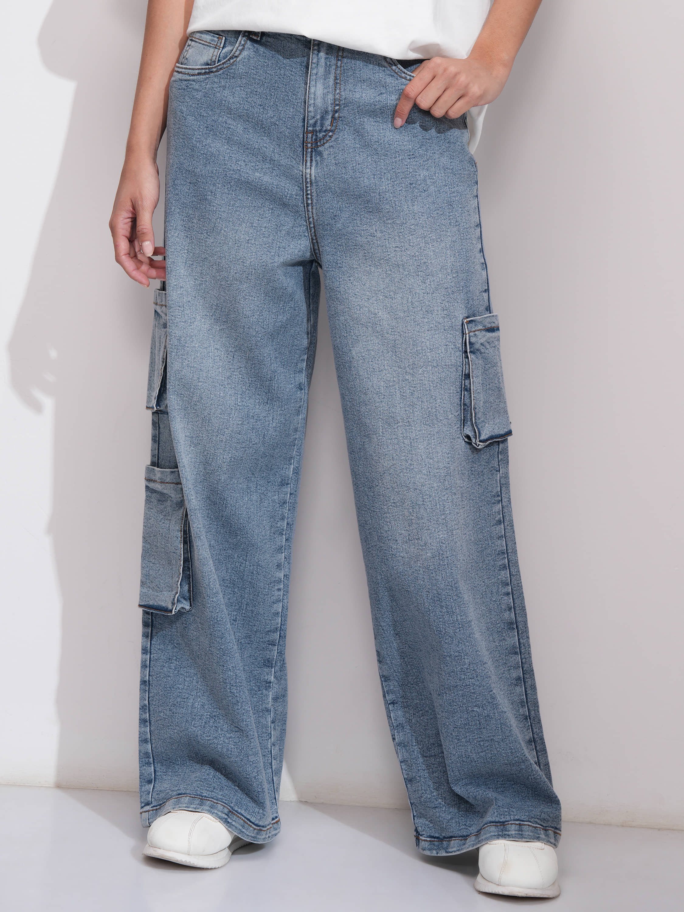 Tokyo Talkies Women's Wide Leg Mid-Rise Jeans ( Light Blue ) - Jeans | Buy online on ZillyBuy