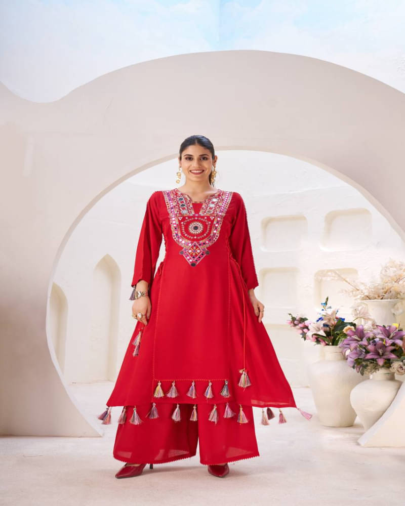     			Topshop Fashion Women Rayon Embroidered Anarkali Kurti With Palazzo ( Red )