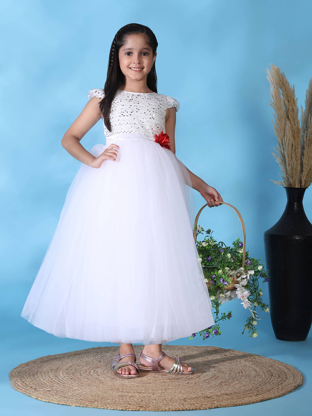     			Toy Balloon Kids Sequin Gown For Girls ( Pack of 1 , White )