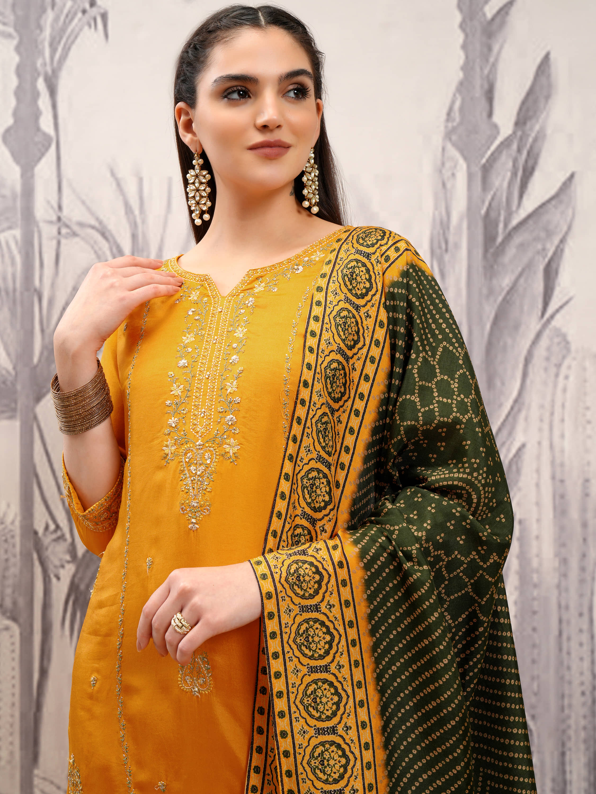Vishudh Women Cotton Blend Embroidered Straight Kurti With Pants ( Yellow )