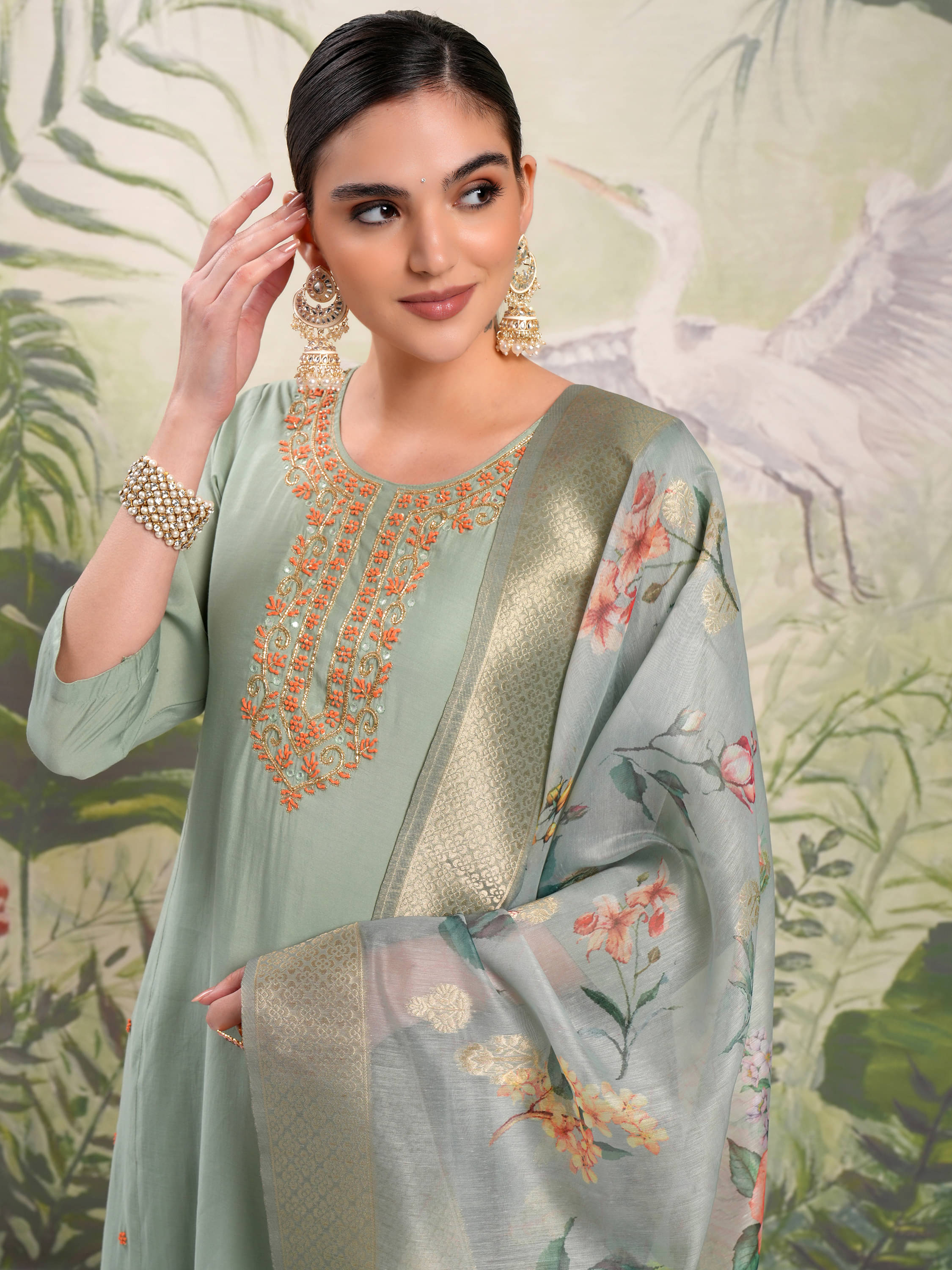     			Vishudh Women Cotton Blend Self Design A-line Kurti With Pants ( Green )