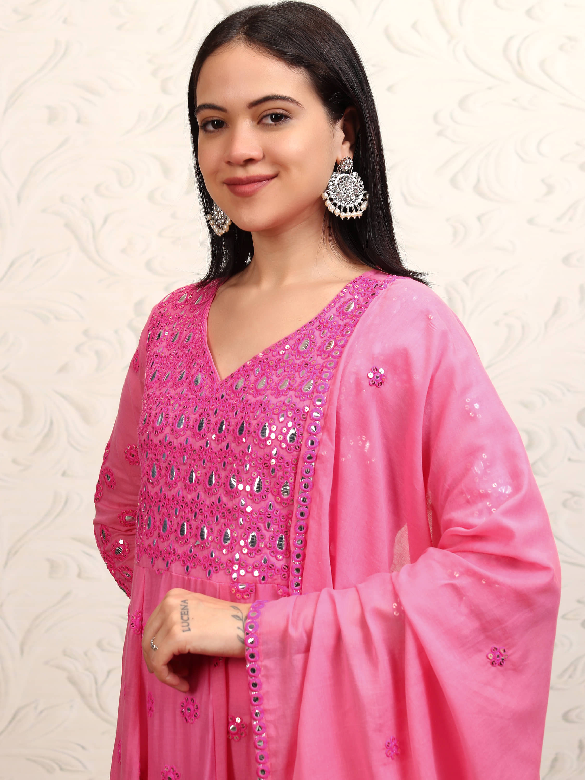 Vishudh Women Cotton Self Design Anarkali Kurti With Pants ( Pink )