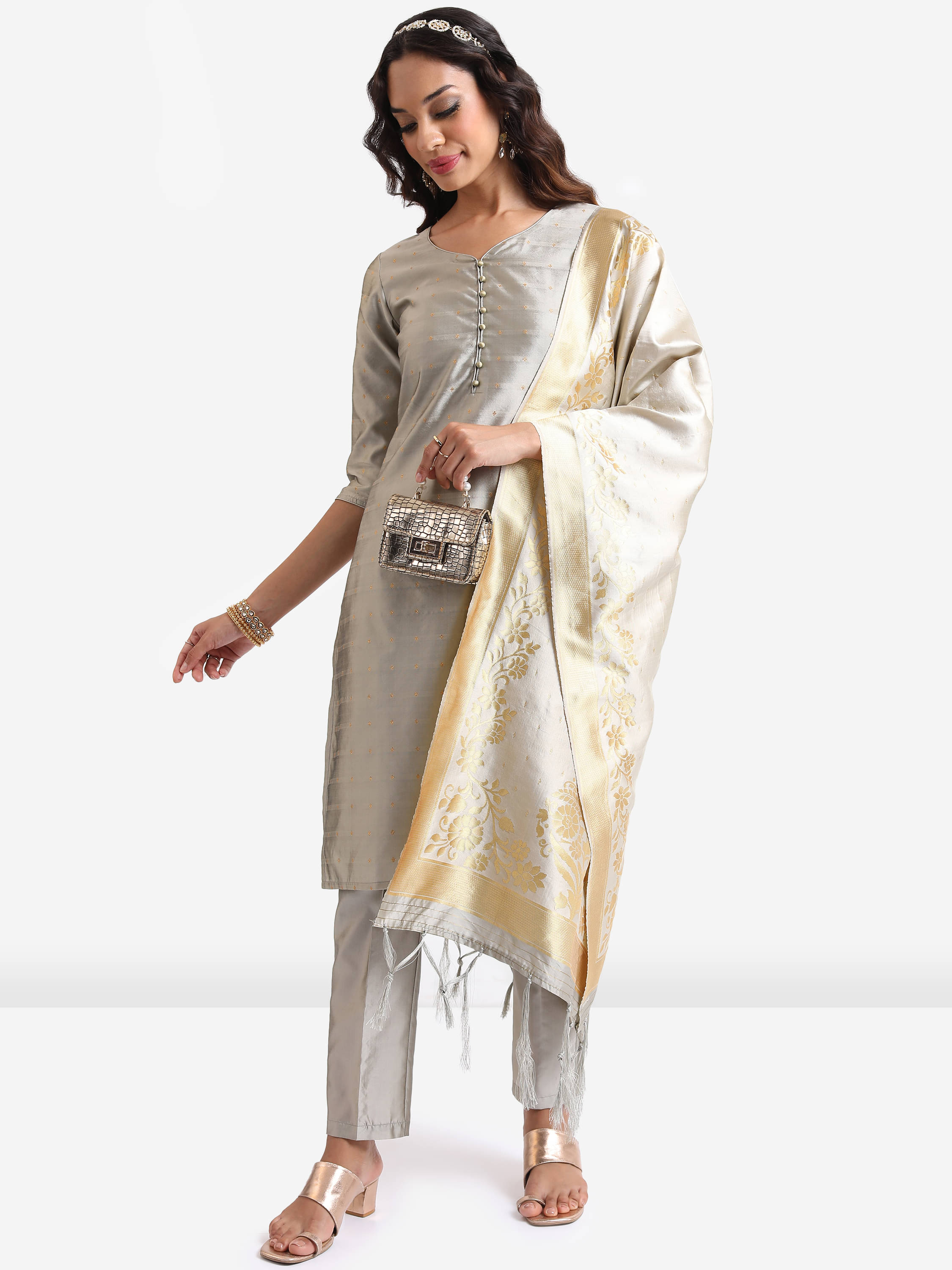     			Vishudh Women Polyester Self Design Straight Kurti With Pants ( Grey )