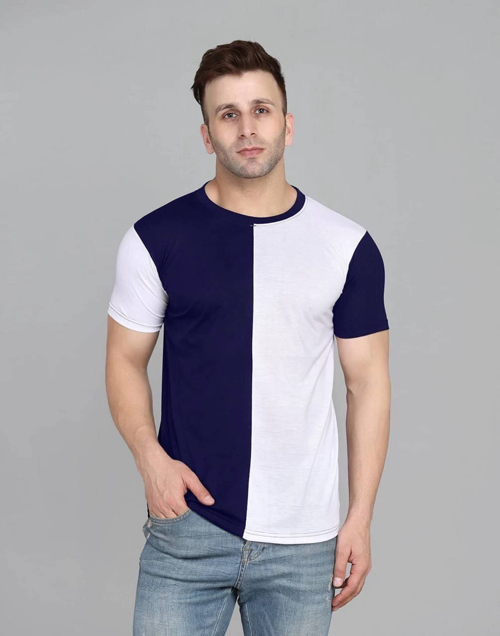     			eddicted Men Cotton Oversized Fit Colorblock T-Shirt ( Navy Blue )