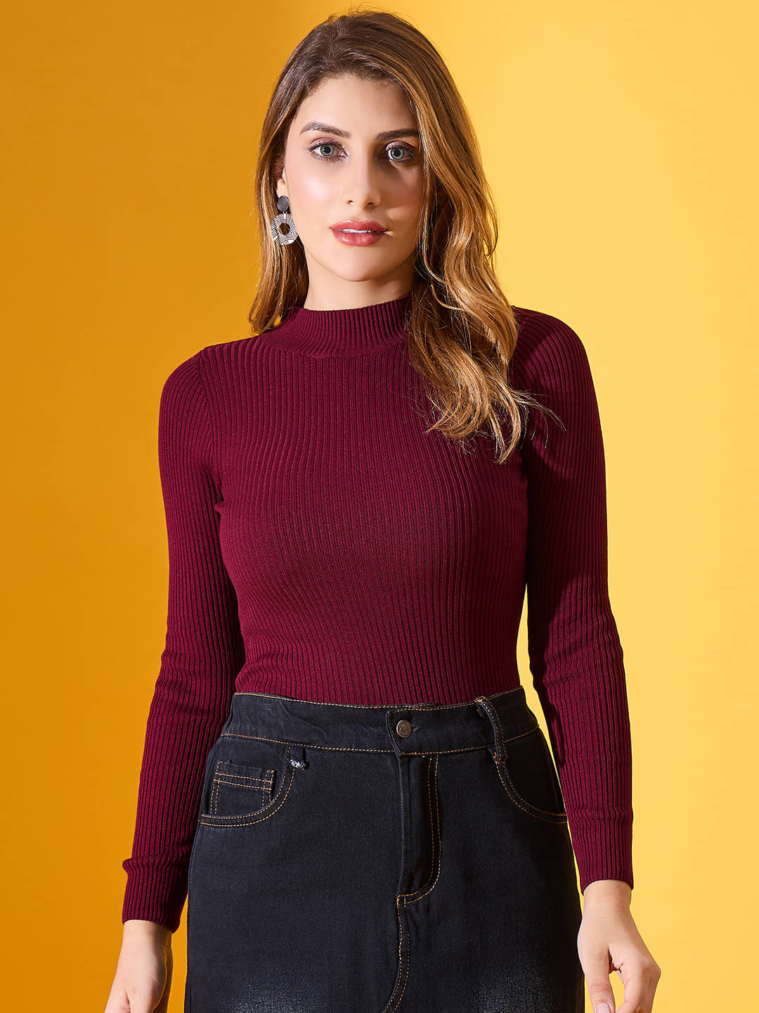     			98 Degree North Cotton High Neck Women's Pullovers - Maroon ( Pack of 1 )