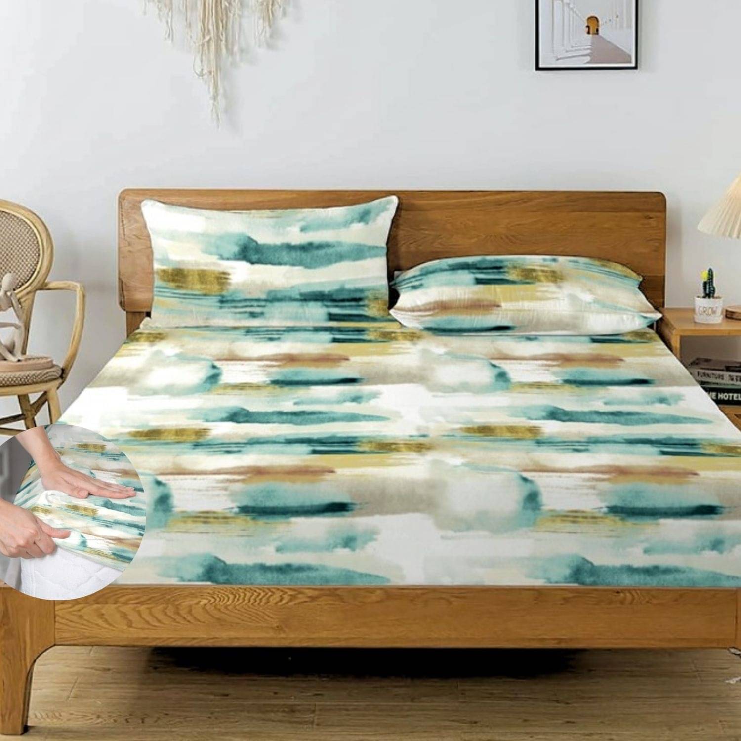     			Apala Microfibre Geometric Fitted 1 Bedsheet with 2 Pillow Covers ( King Size ) - Sky Blue
