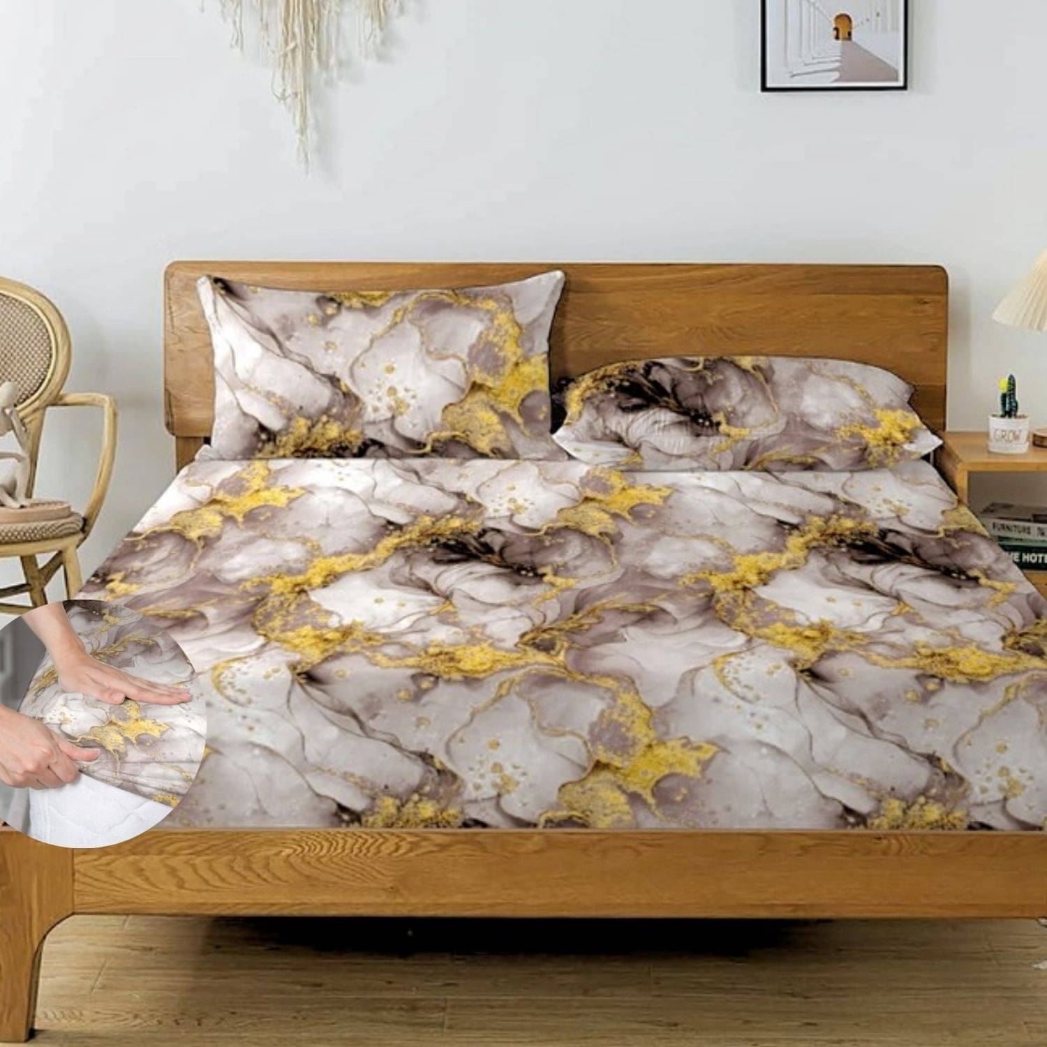    			Apala Microfibre Geometric Fitted 1 Bedsheet with 2 Pillow Covers ( King Size ) - Multi