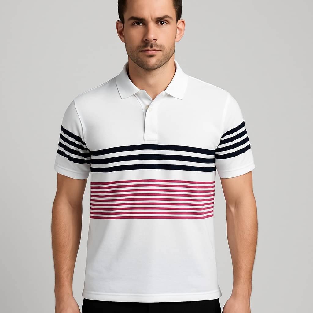 BLISS BOYS Men Cotton Blend Regular Fit Striped Polo T Shirt ( White )     			BLISS BOYS Men Cotton Blend Regular Fit Striped Polo T Shirt ( White )