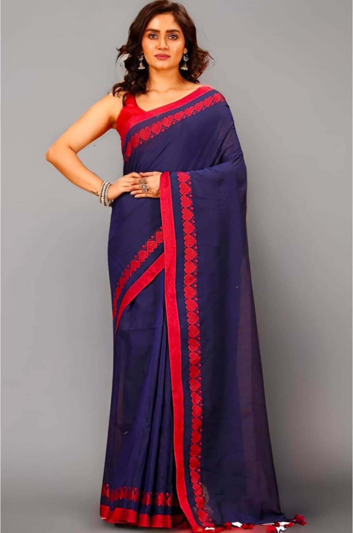    			BRYNBRIT Cotton Blend Embellished Chanderi saree With Unstitched Blouse Piece ( Navy Blue )