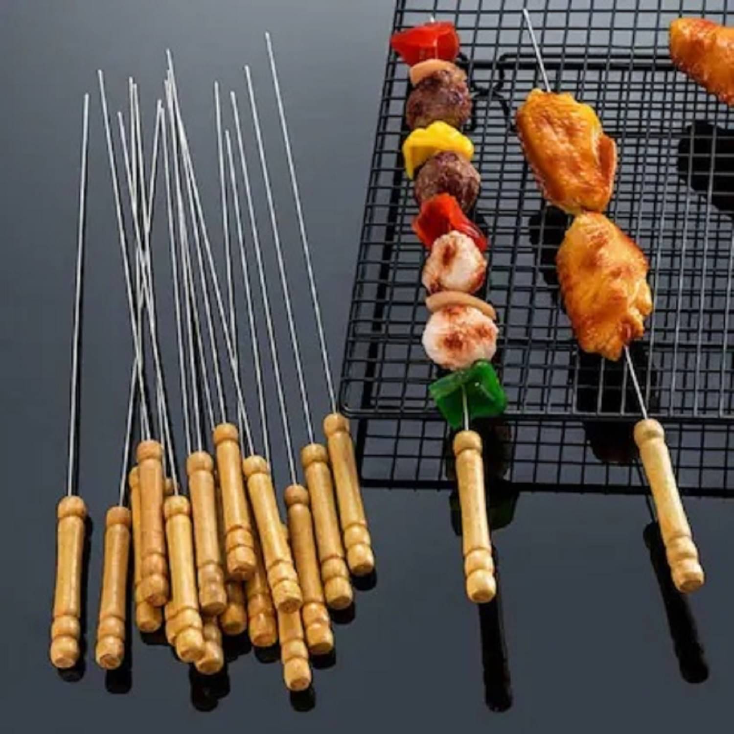 Barbecue Sticks Skewers with Wooden Handle Very Thick and Strong Rods Stainless Steelfor BBQ Tandoor/Tikka/Kabab, Stainless Steel Stick with Wooden Handle - Pack of 12 Barbecue Sticks Skewers with Wooden Handle Very Thick and Strong Rods Stainless Steelfor BBQ Tandoor/Tikka/Kabab, Stainless Steel Stick with Wooden Handle - Pack of 12