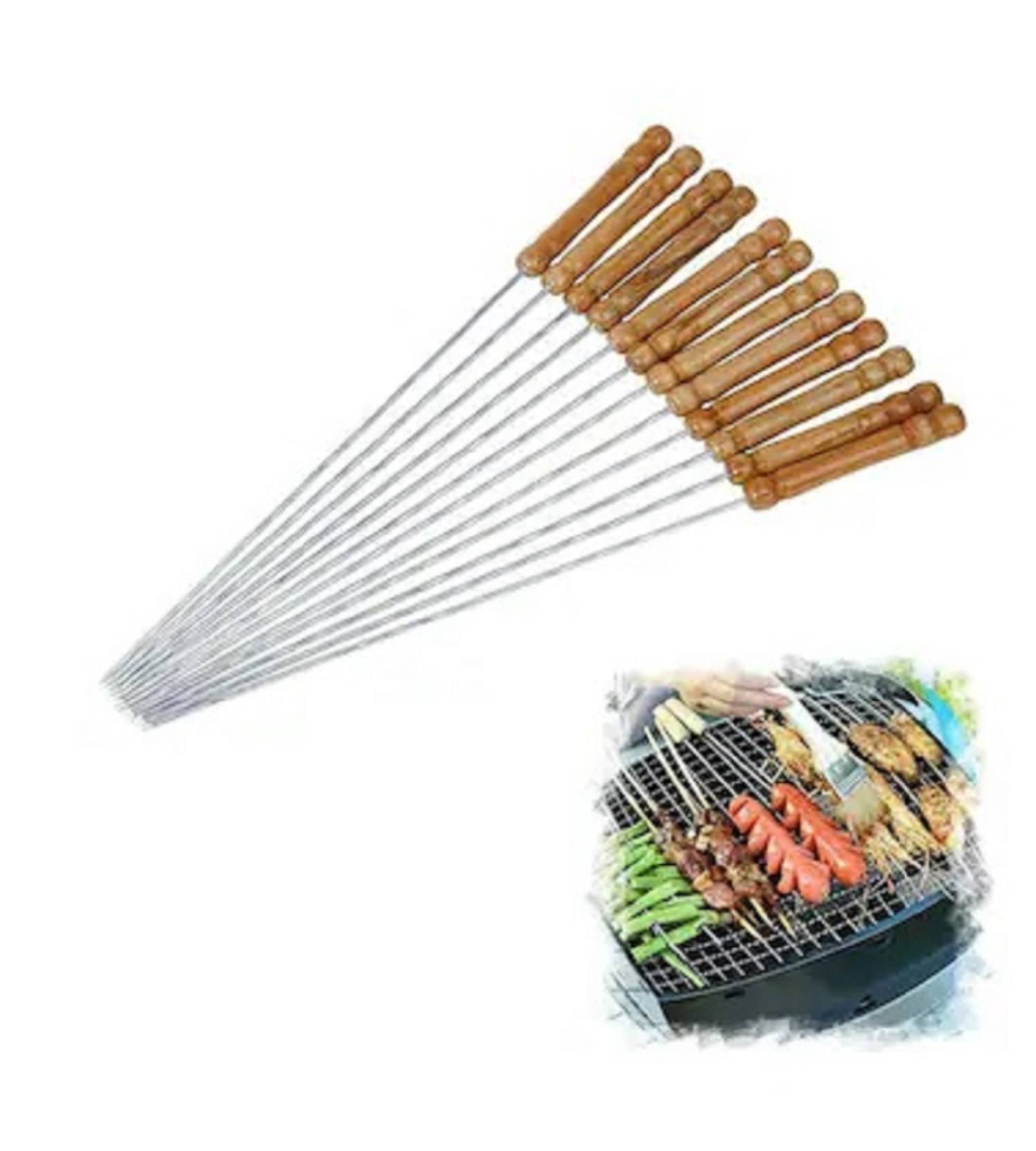     			Barbecue Sticks Skewers with Wooden Handle Very Thick and Strong Rods Stainless Steelfor BBQ Tandoor/Tikka/Kabab, Stainless Steel Stick with Wooden Handle - Pack of 12