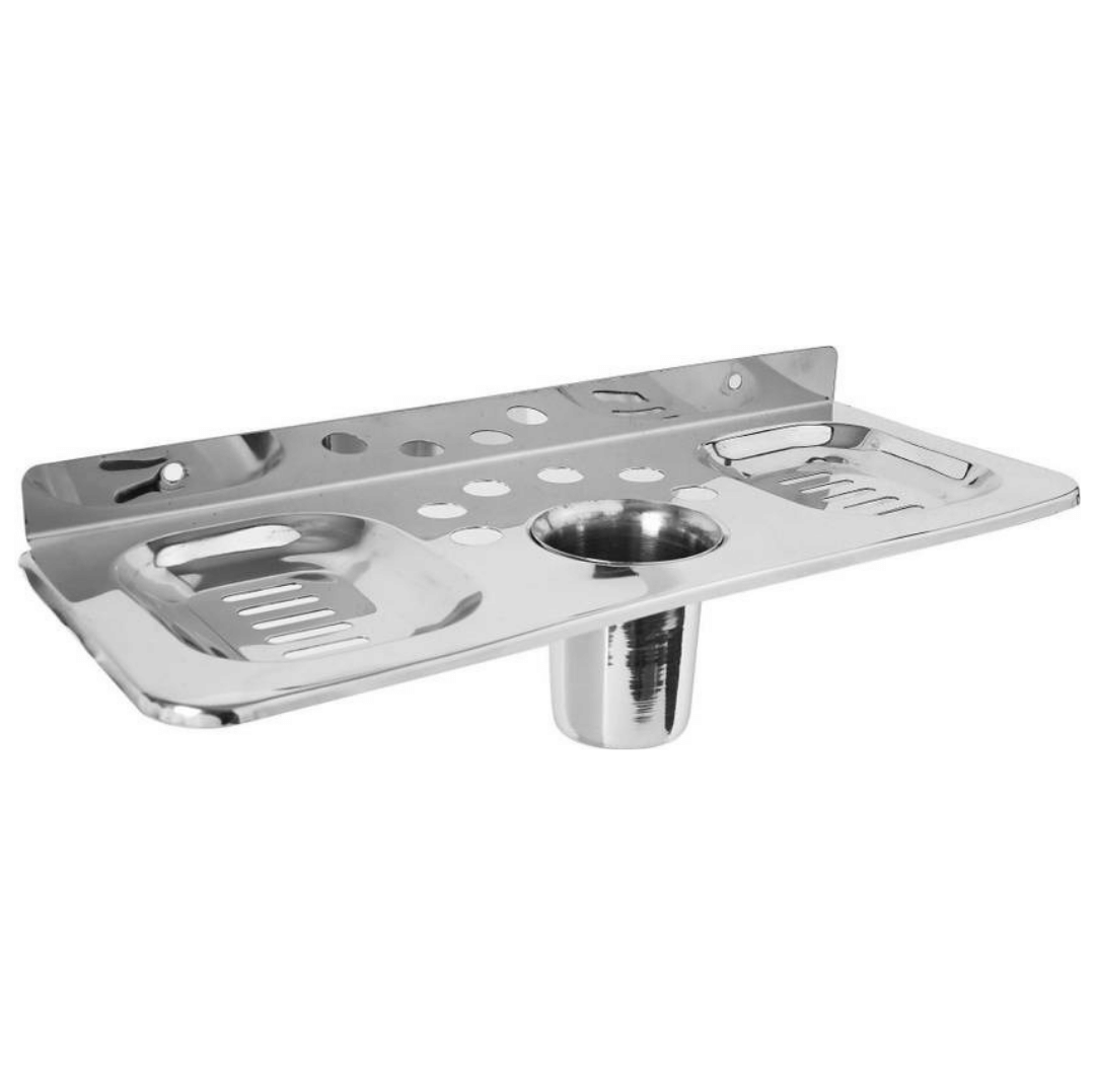 COSVIT Stainless Steel 4 in 1 Oval Multipurpose Double Soap Dish Tooth Brush Holder Home Bathroom Accessories Bathroom Wall Shelf (Set of 1)