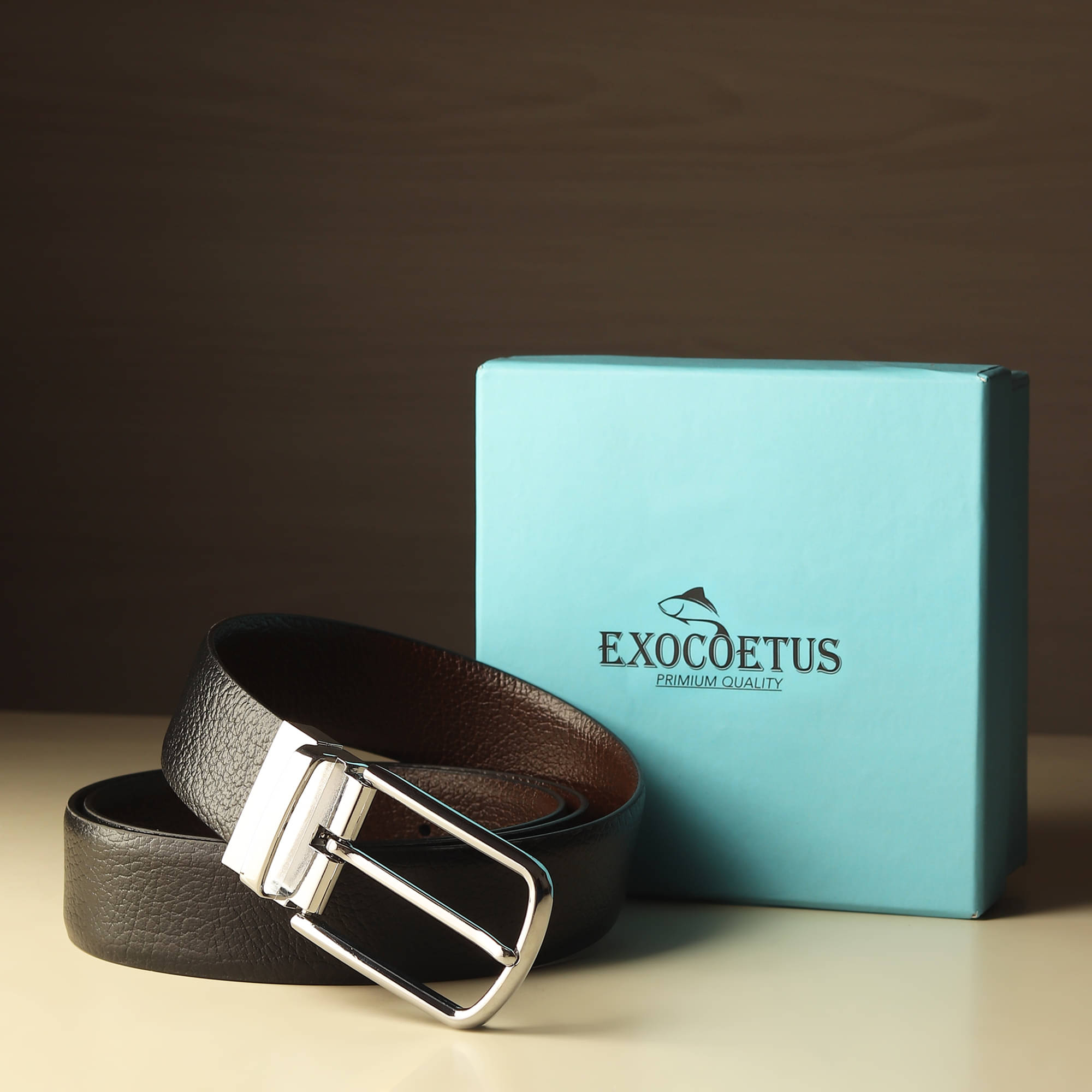     			EXOCOETUS - Black 100% Leather Men's Reversible Belt ( Pack of 1 )