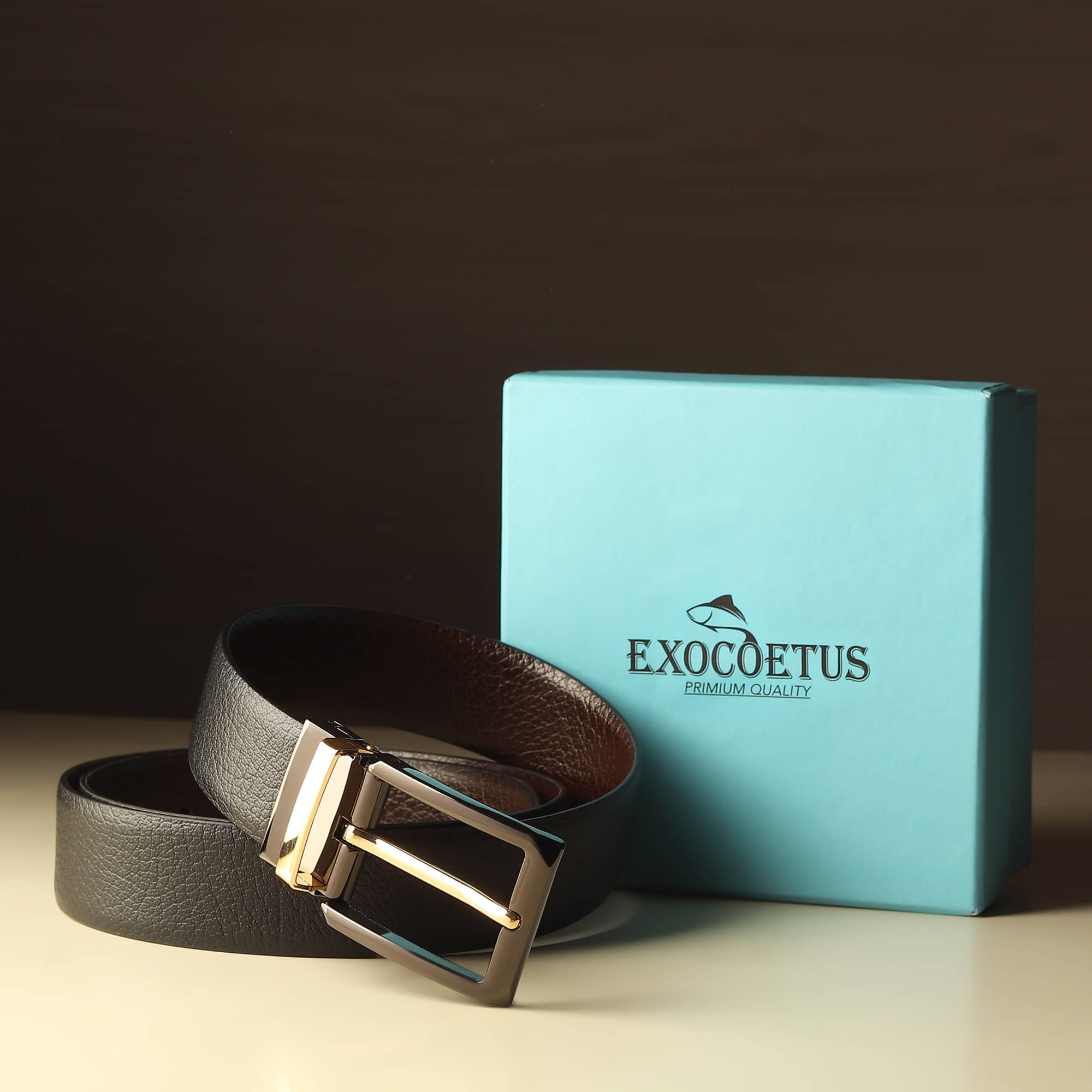     			EXOCOETUS - Black 100% Leather Men's Reversible Belt ( Pack of 1 )