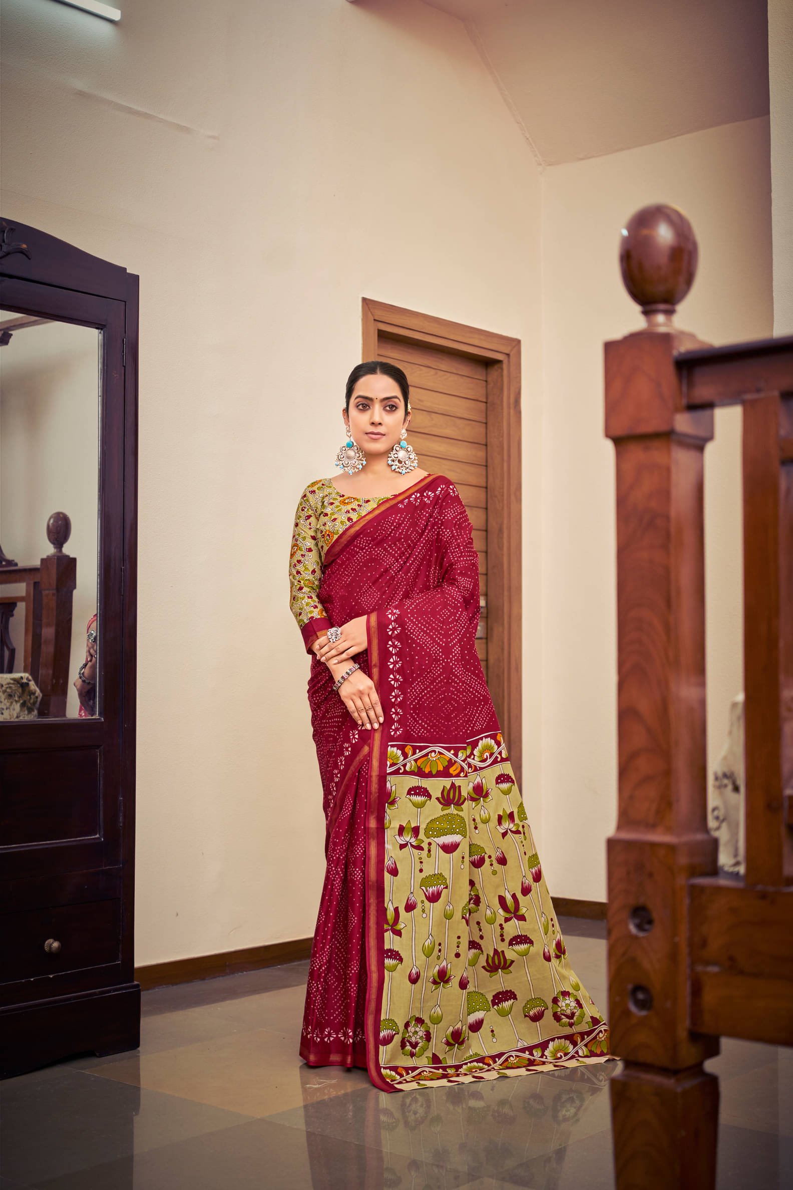     			Granth Enterprise Cotton Printed Regular Saree With Unstitched Blouse Piece ( Maroon )