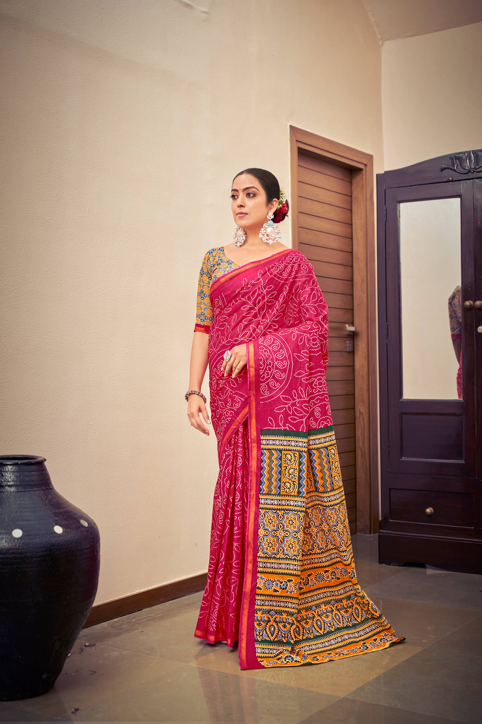     			Granth Enterprise Cotton Printed Regular Saree With Unstitched Blouse Piece ( Pink )
