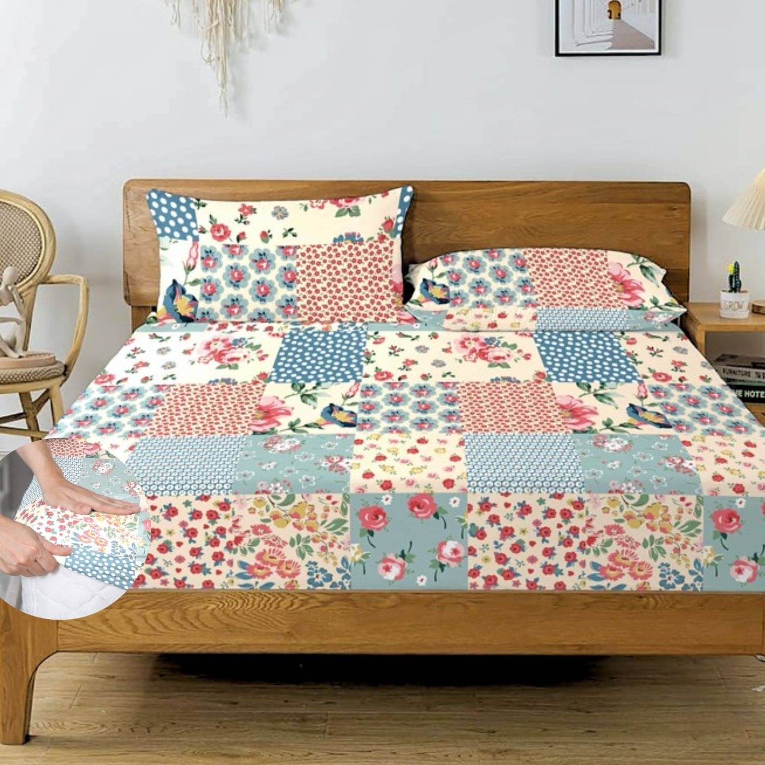     			HIDECOR Microfibre Floral Printed Fitted 1 Bedsheet with 2 Pillow Covers ( King Size ) - Multi