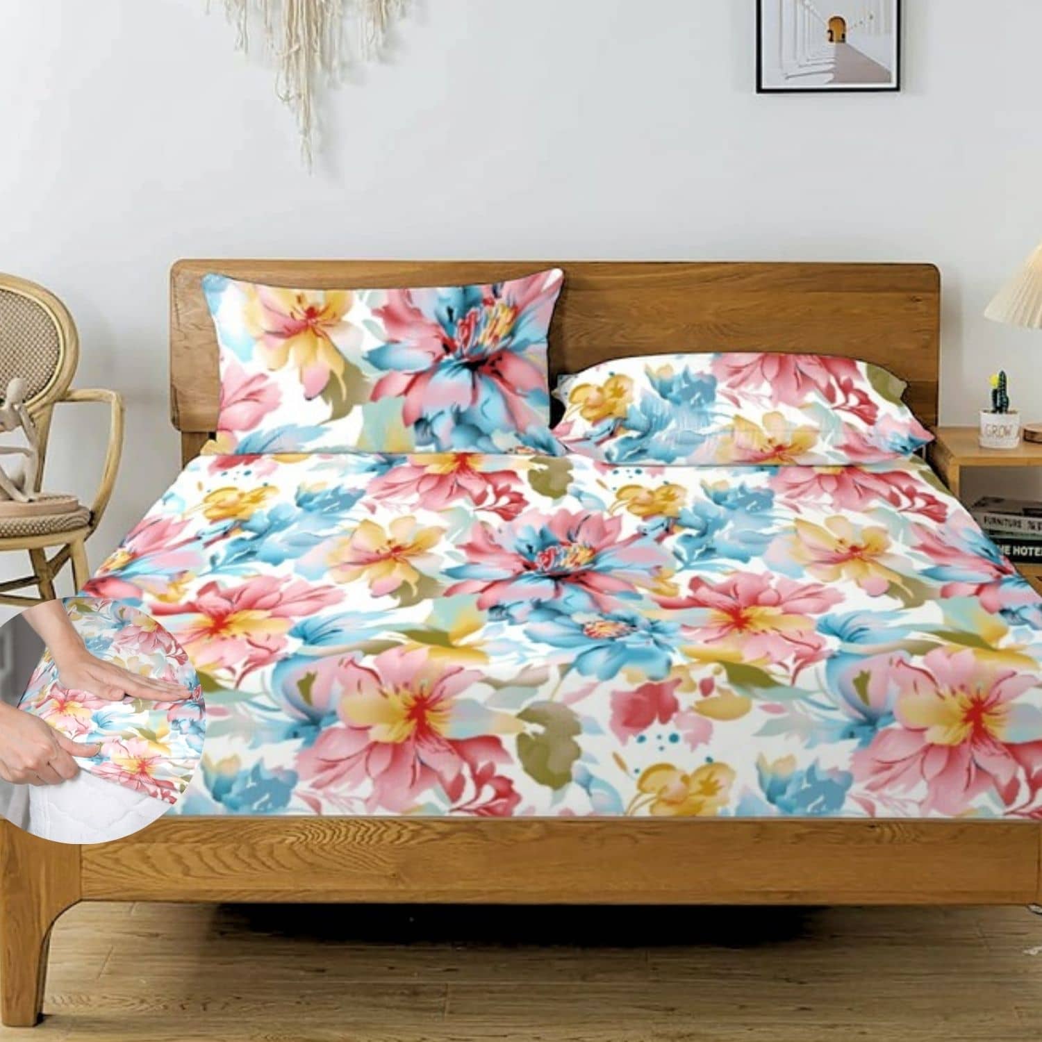 HIDECOR Microfibre 1 King Fitted Bedsheet with 2 Pillow Covers ( 198 cm x 182 cm ) , Multi