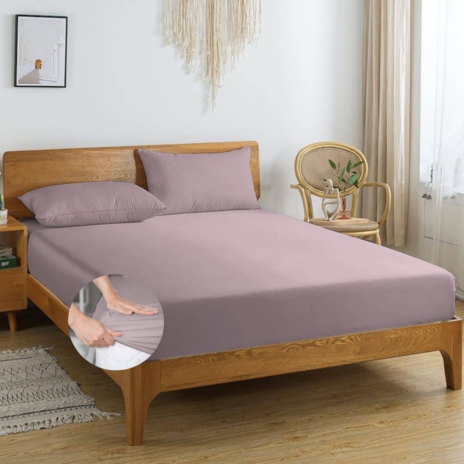     			HIDECOR Microfibre Solid Fitted 1 Bedsheet with 2 Pillow Covers ( King Size ) - Lavender