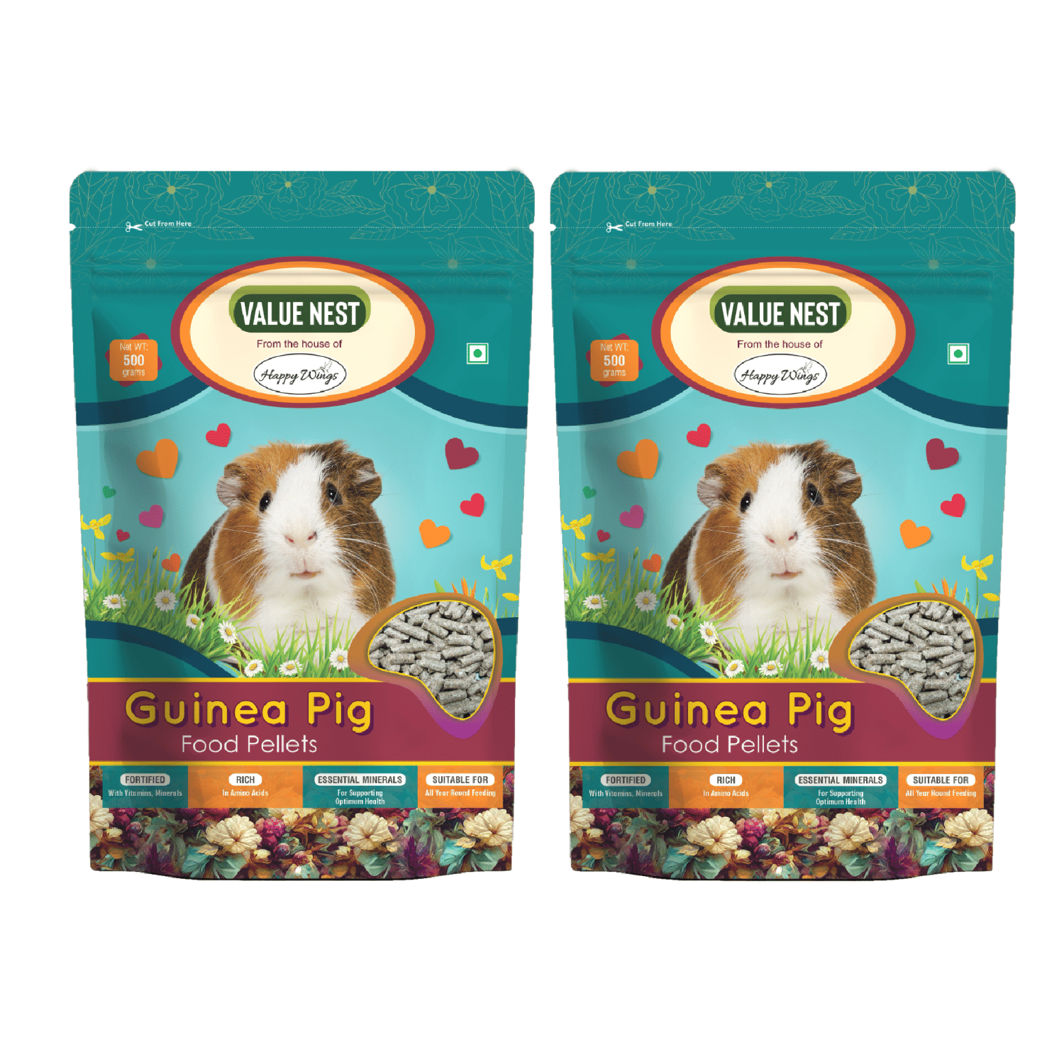 Happy Wings Value Nest Guinea Pig Food Pellets - (500gm x 2) Pack | High-Fiber, Natural Formula | Complete Nutrition for Guinea Pig | Supports Digestion, Growth & Immunity Happy Wings Value Nest Guinea Pig Food Pellets - (500gm x 2) Pack | High-Fiber, Natural Formula | Complete Nutrition for Guinea Pig | Supports Digestion, Growth & Immunity