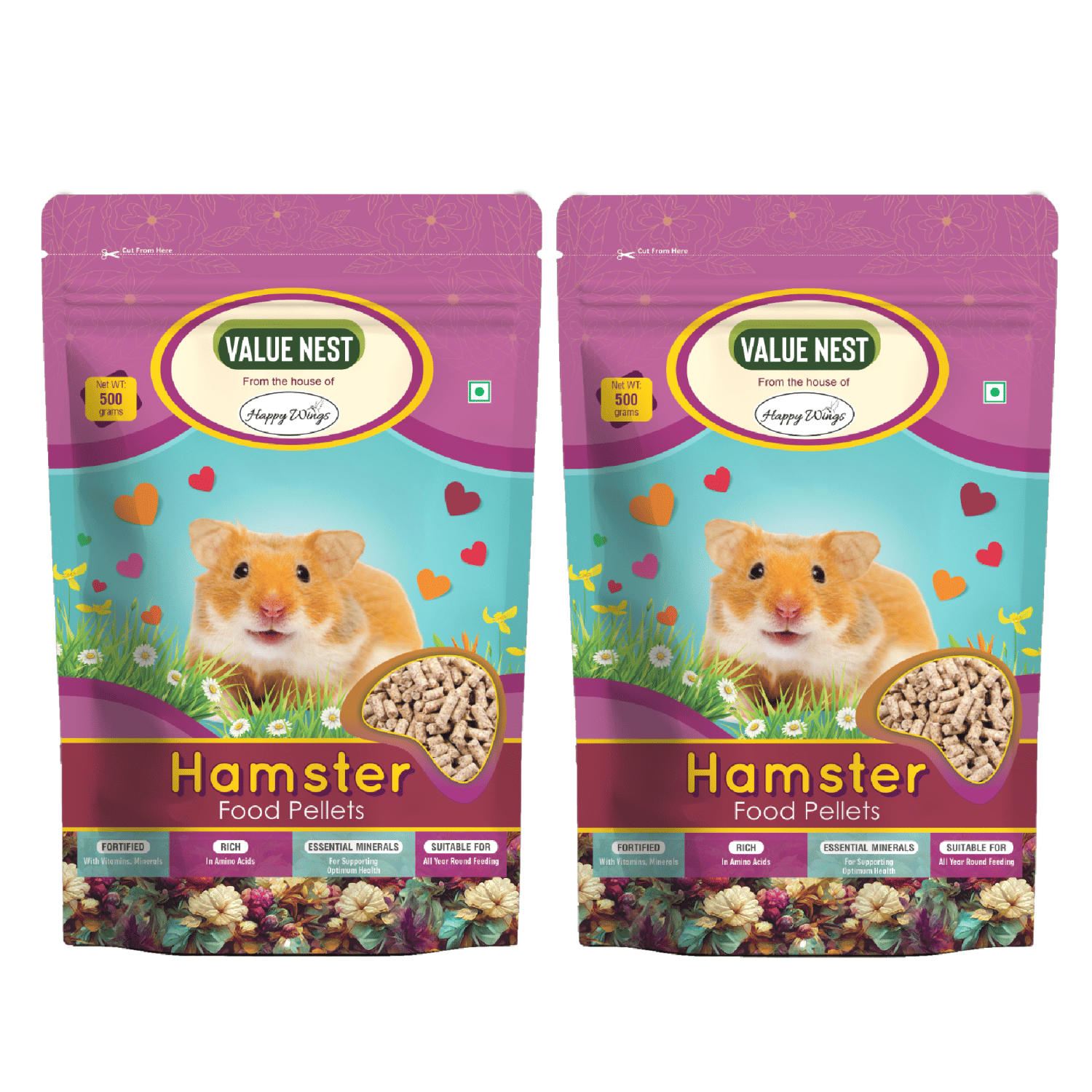 Happy Wings Value Nest Hamster Food Pellets - (500gm x 2) Pack | High-Fiber, Natural Formula | Complete Nutrition for Hamster | Supports Digestion, Growth & Immunity Happy Wings Value Nest Hamster Food Pellets - (500gm x 2) Pack | High-Fiber, Natural Formula | Complete Nutrition for Hamster | Supports Digestion, Growth & Immunity