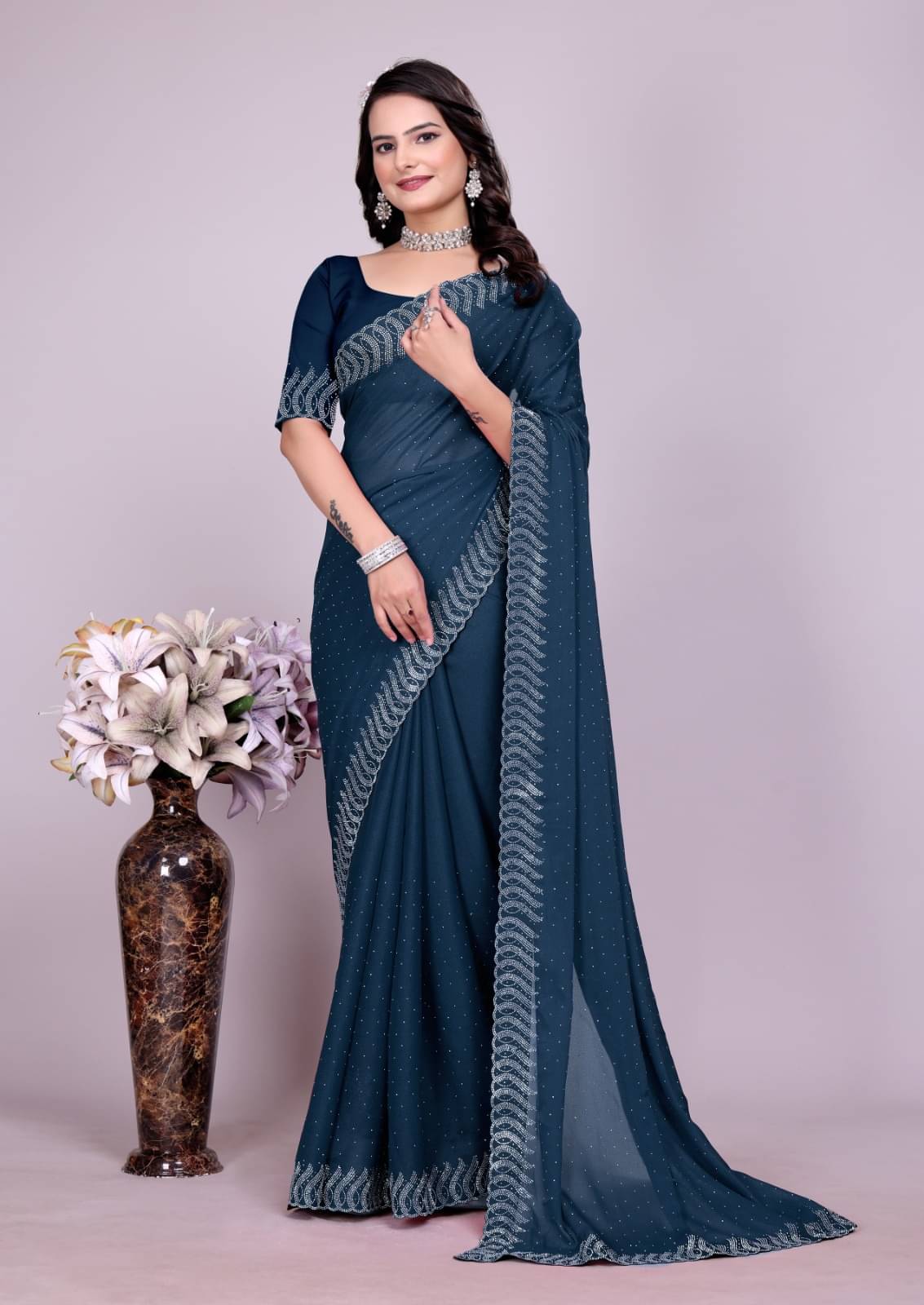 Honey Creation Georgette Printed Regular Saree With Unstitched Blouse Piece ( Teal ) Honey Creation Georgette Printed Regular Saree With Unstitched Blouse Piece ( Teal )