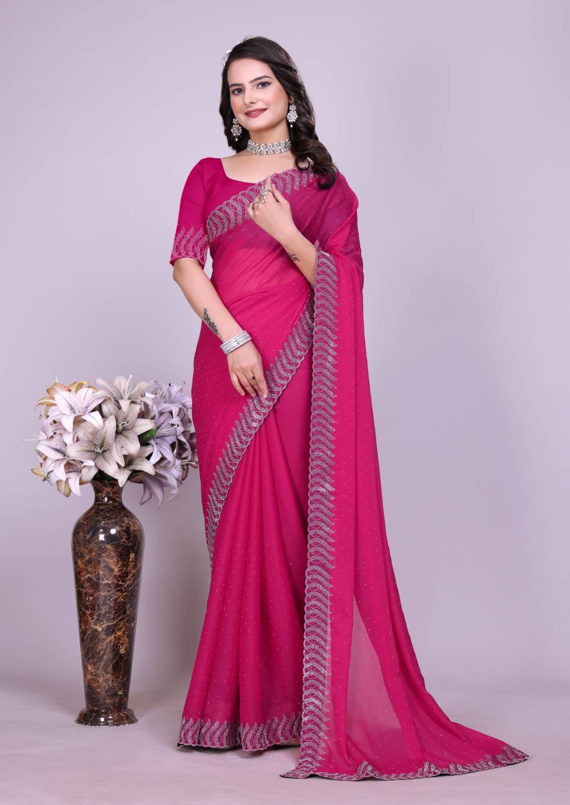 Honey Creation Georgette Printed Regular Saree With Unstitched Blouse Piece ( Pink ) Honey Creation Georgette Printed Regular Saree With Unstitched Blouse Piece ( Pink )