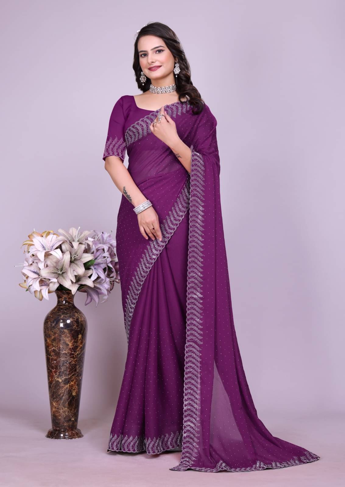     			Honey Creation Georgette Printed Regular Saree With Unstitched Blouse Piece ( Wine )