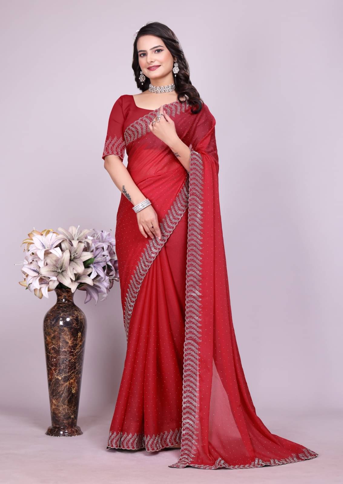 Honey Creation Georgette Printed Regular Saree With Unstitched Blouse Piece ( Red ) Honey Creation Georgette Printed Regular Saree With Unstitched Blouse Piece ( Red )