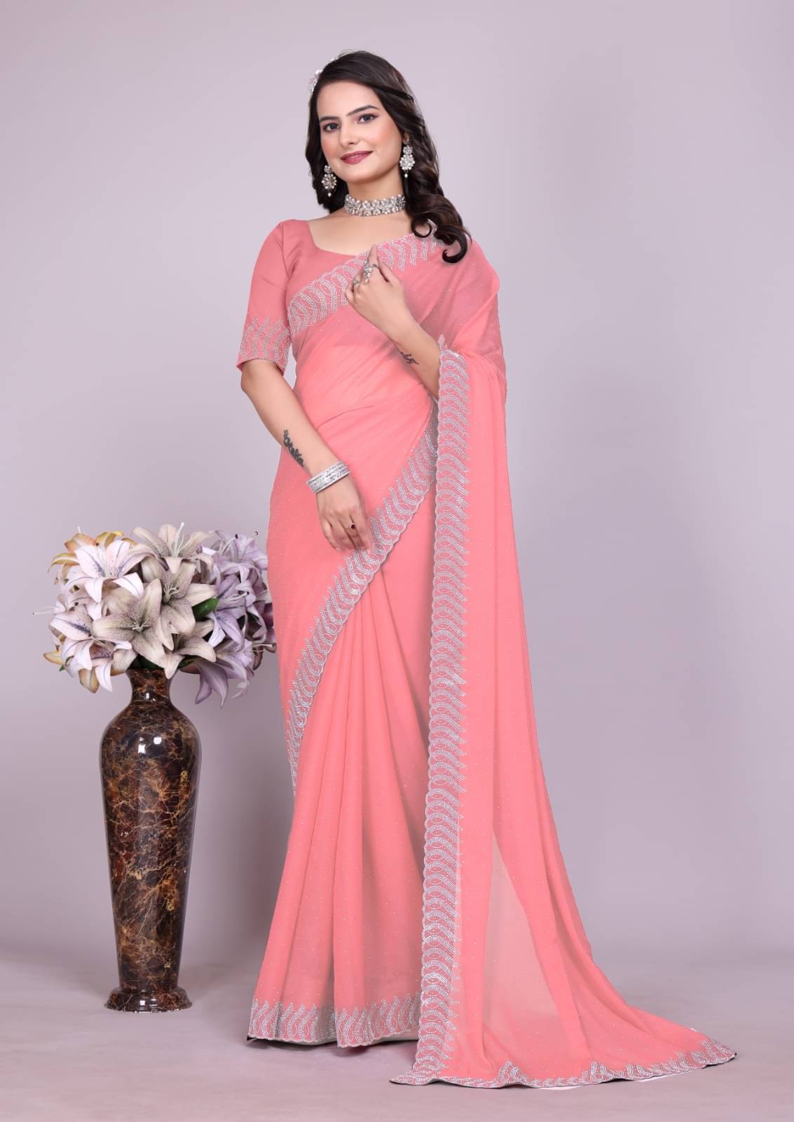 Honey Creation Georgette Printed Regular Saree With Unstitched Blouse Piece ( Peach ) Honey Creation Georgette Printed Regular Saree With Unstitched Blouse Piece ( Peach )