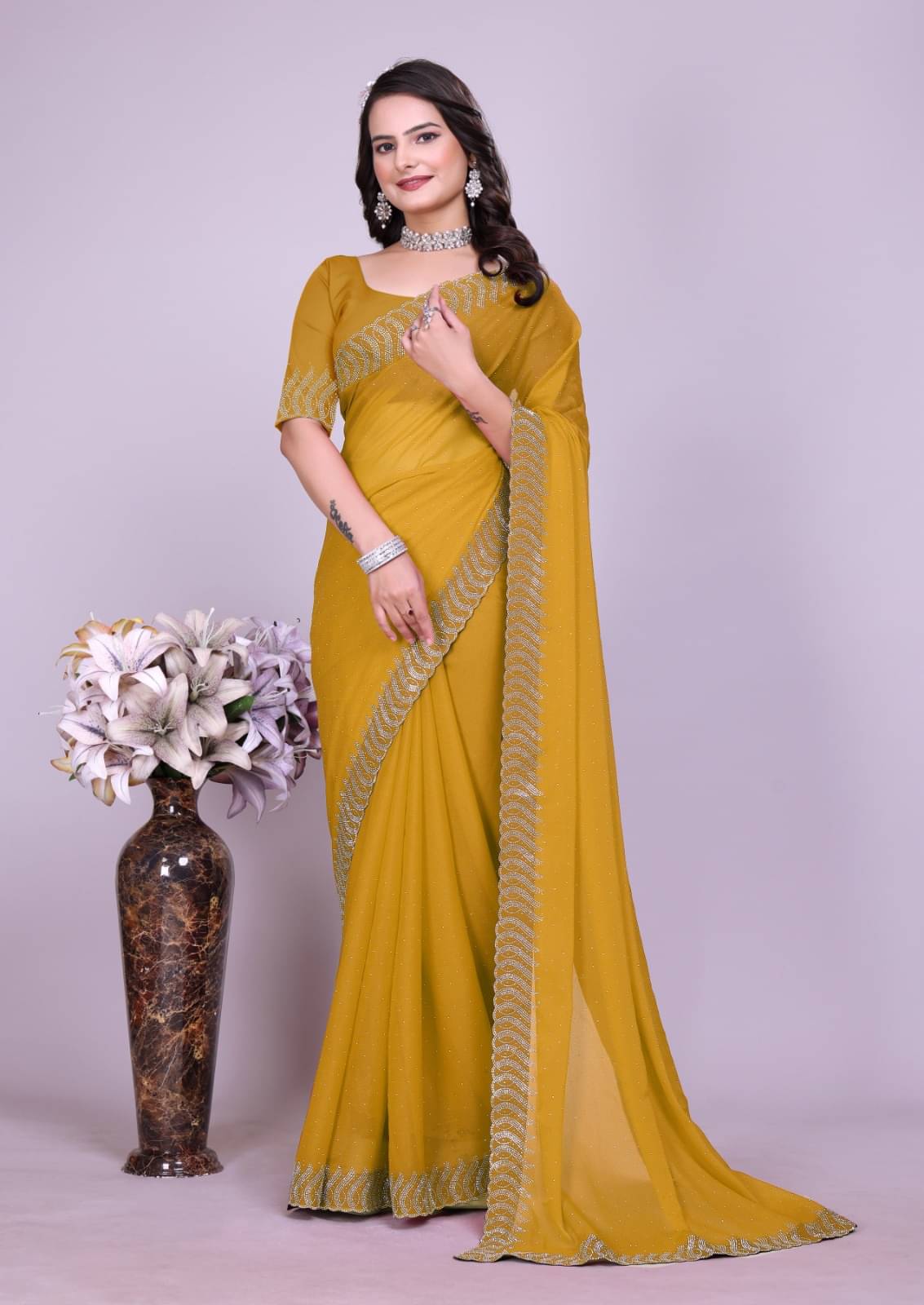 Honey Creation Georgette Printed Regular Saree With Unstitched Blouse Piece ( Yellow ) Honey Creation Georgette Printed Regular Saree With Unstitched Blouse Piece ( Yellow )