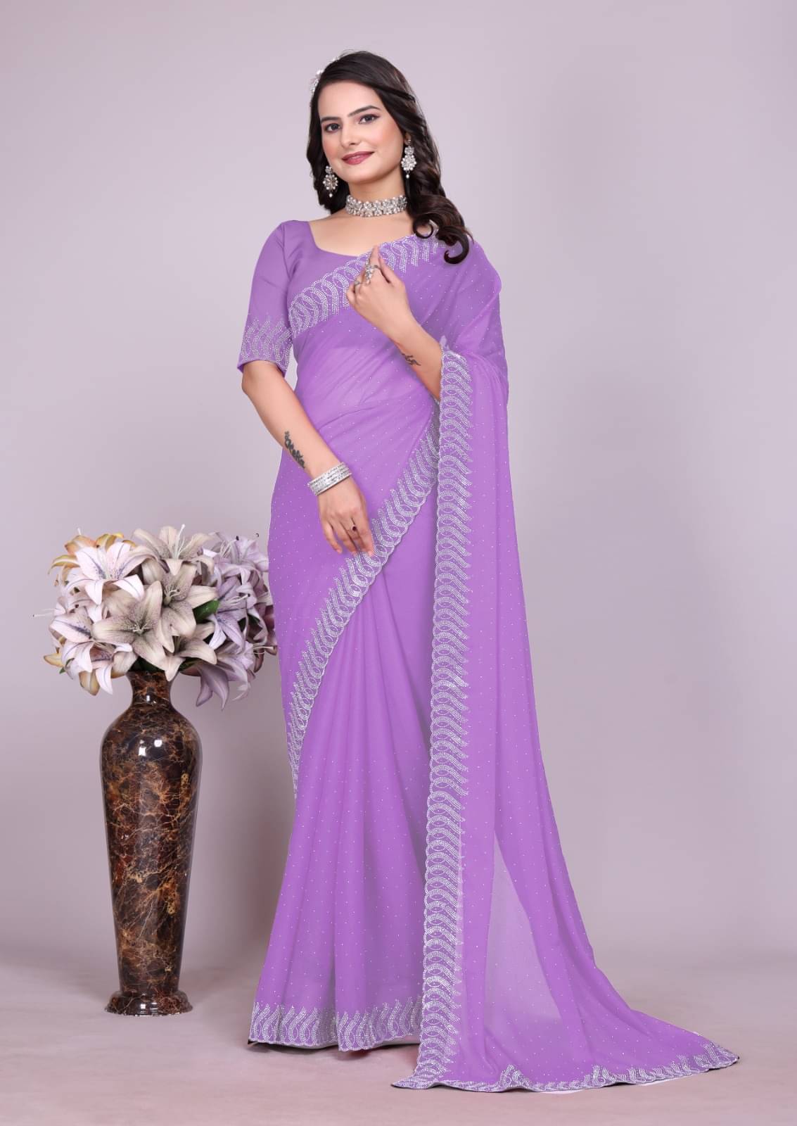     			Honey Creation Georgette Printed Regular Saree With Unstitched Blouse Piece ( Purple )