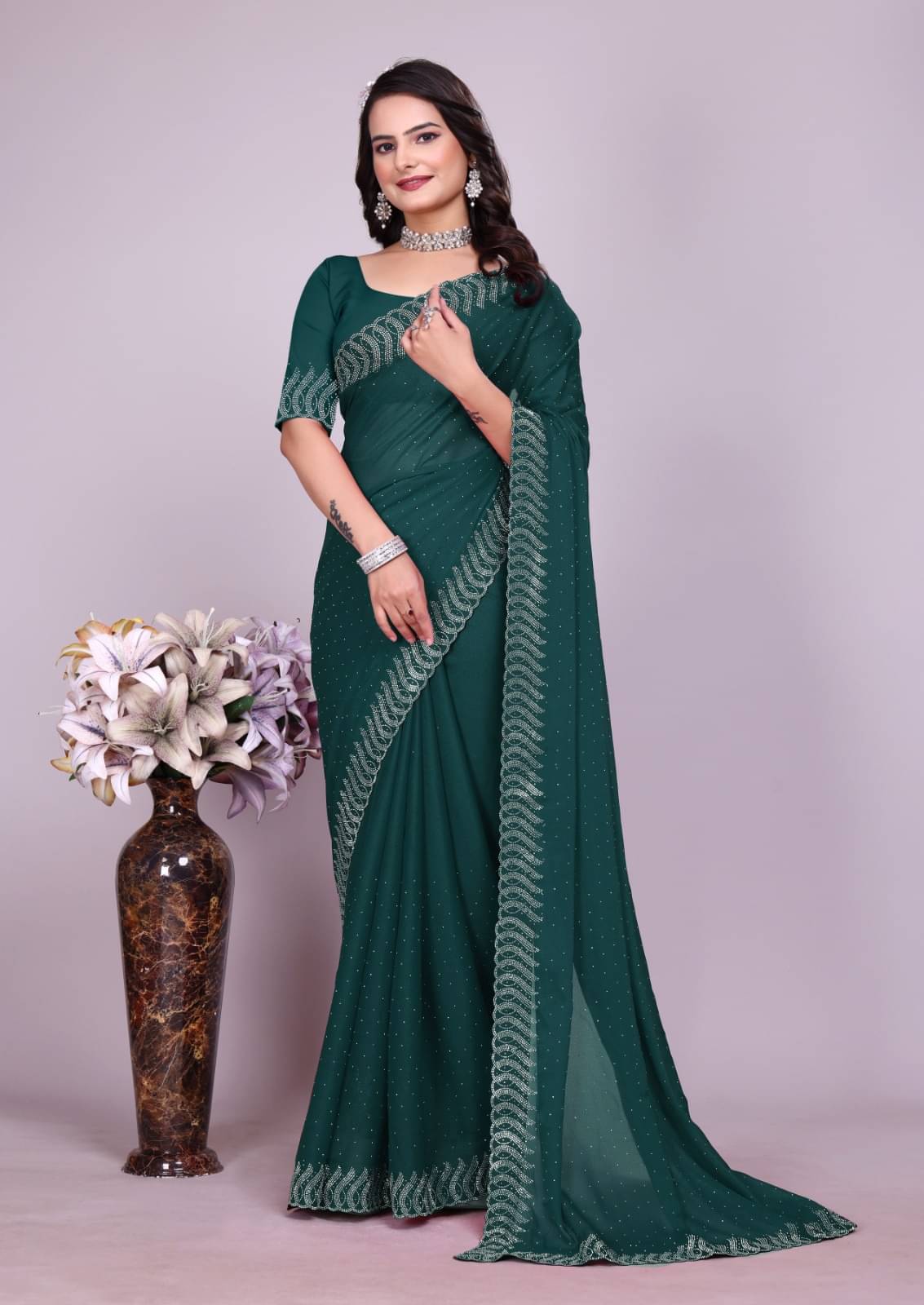Honey Creation Georgette Printed Regular Saree With Unstitched Blouse Piece ( Rama ) Honey Creation Georgette Printed Regular Saree With Unstitched Blouse Piece ( Rama )