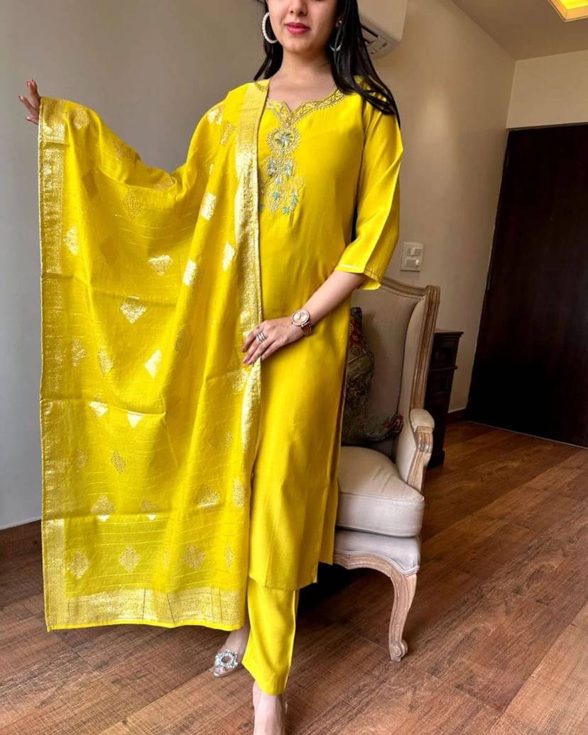INDIAN SILKS Women Chanderi Printed Straight Kurti With Salwar ( Yellow,Mustard ) INDIAN SILKS Women Chanderi Printed Straight Kurti With Salwar ( Yellow,Mustard )