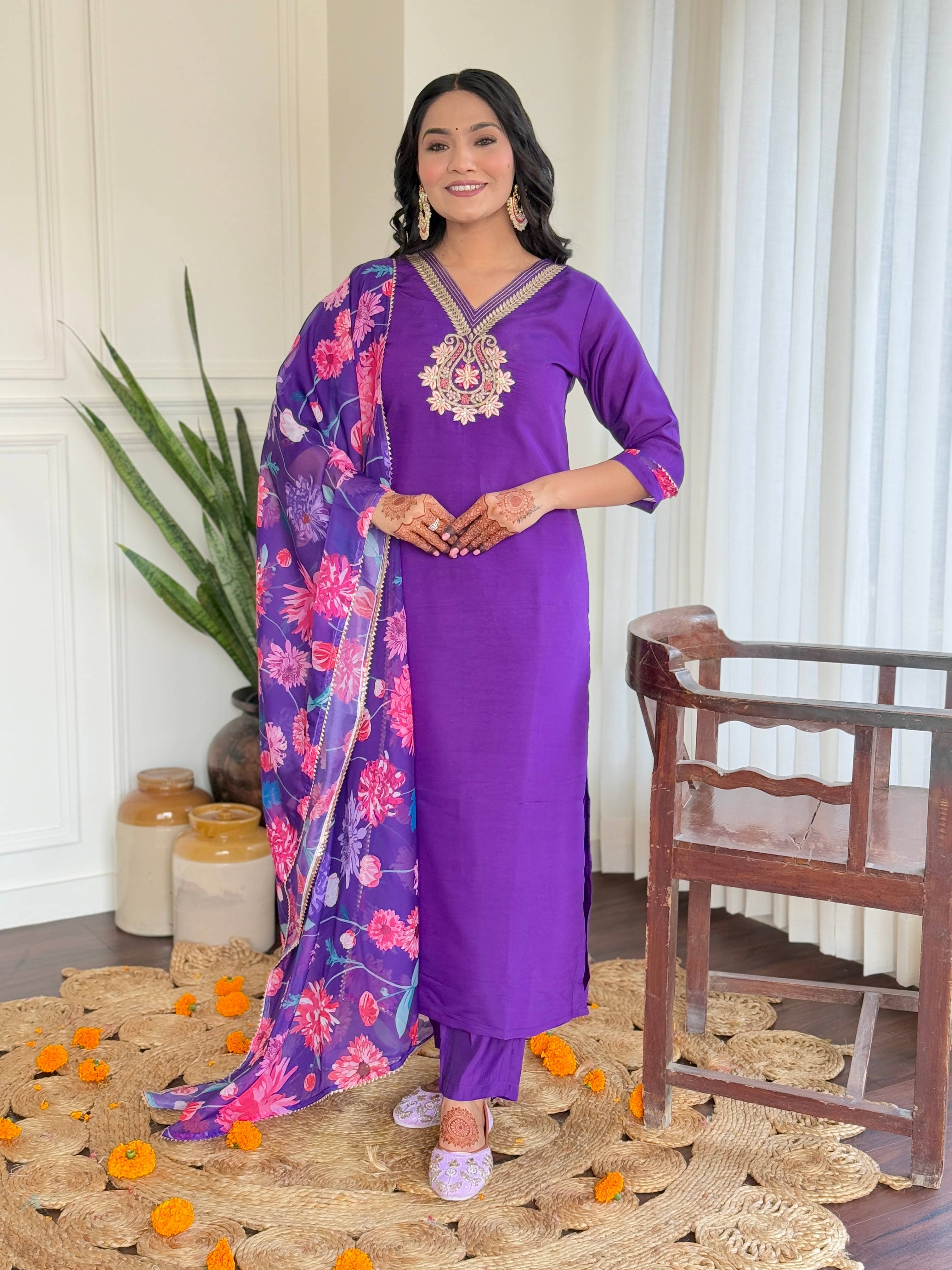 INDIAN SILKS Women Chanderi Printed Straight Kurti With Salwar ( Purple )     			INDIAN SILKS Women Chanderi Printed Straight Kurti With Salwar ( Purple )