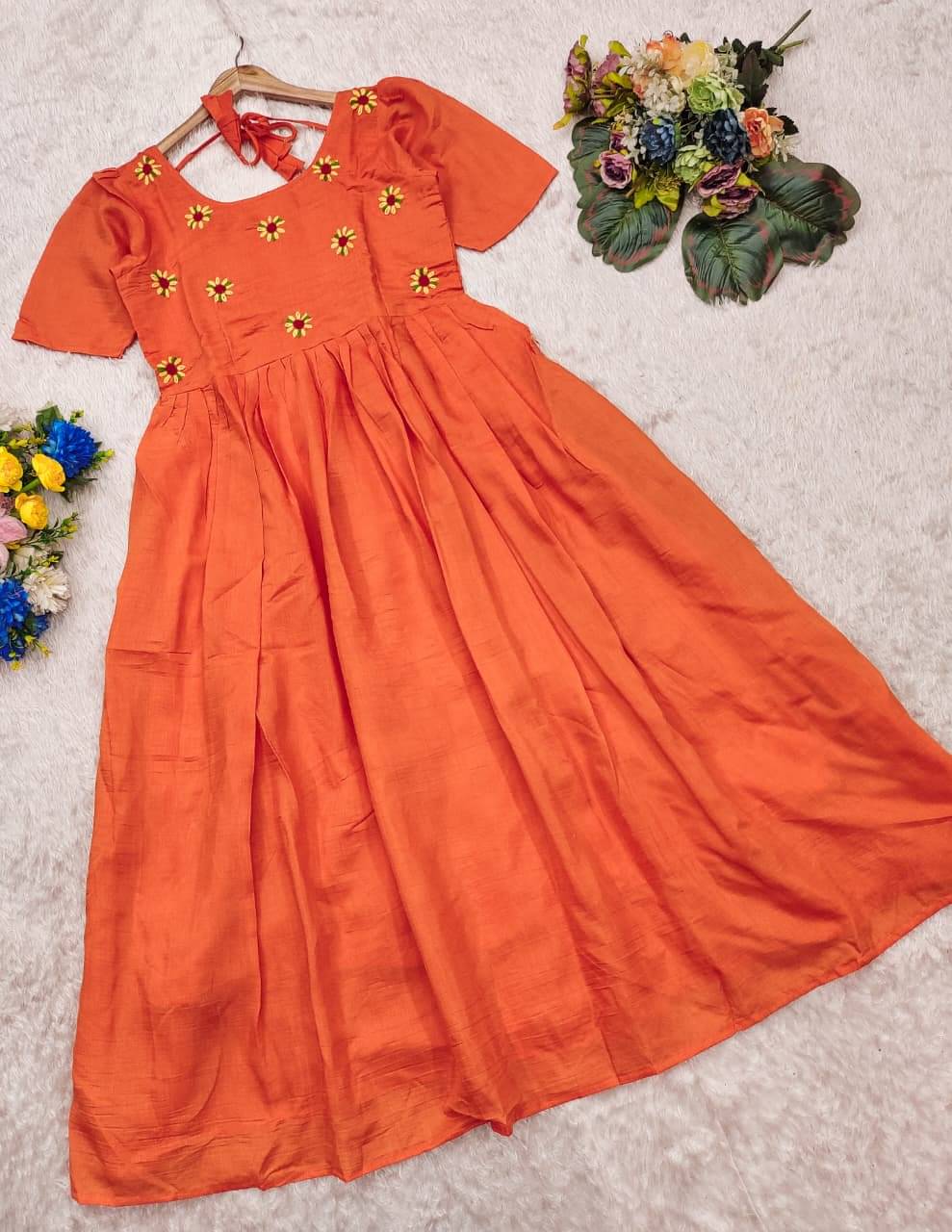 INDIAN SILKS Women Cotton Embroidered Gown ( Orange ) INDIAN SILKS Women Cotton Embroidered Gown ( Orange )