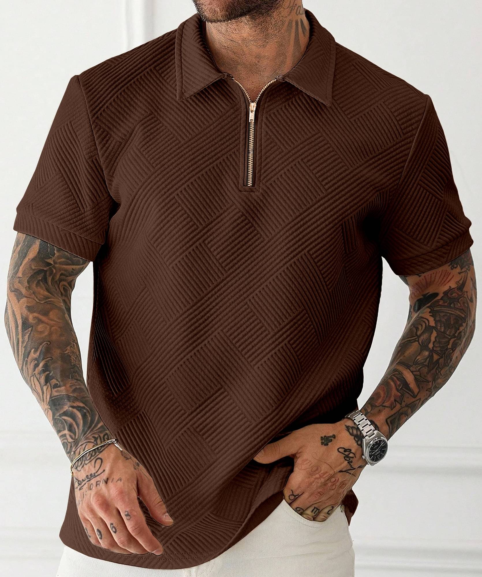KAJARU Men Cotton Blend Regular Fit Embellished Polo T Shirt ( Coffee )     			KAJARU Men Cotton Blend Regular Fit Embellished Polo T Shirt ( Coffee )