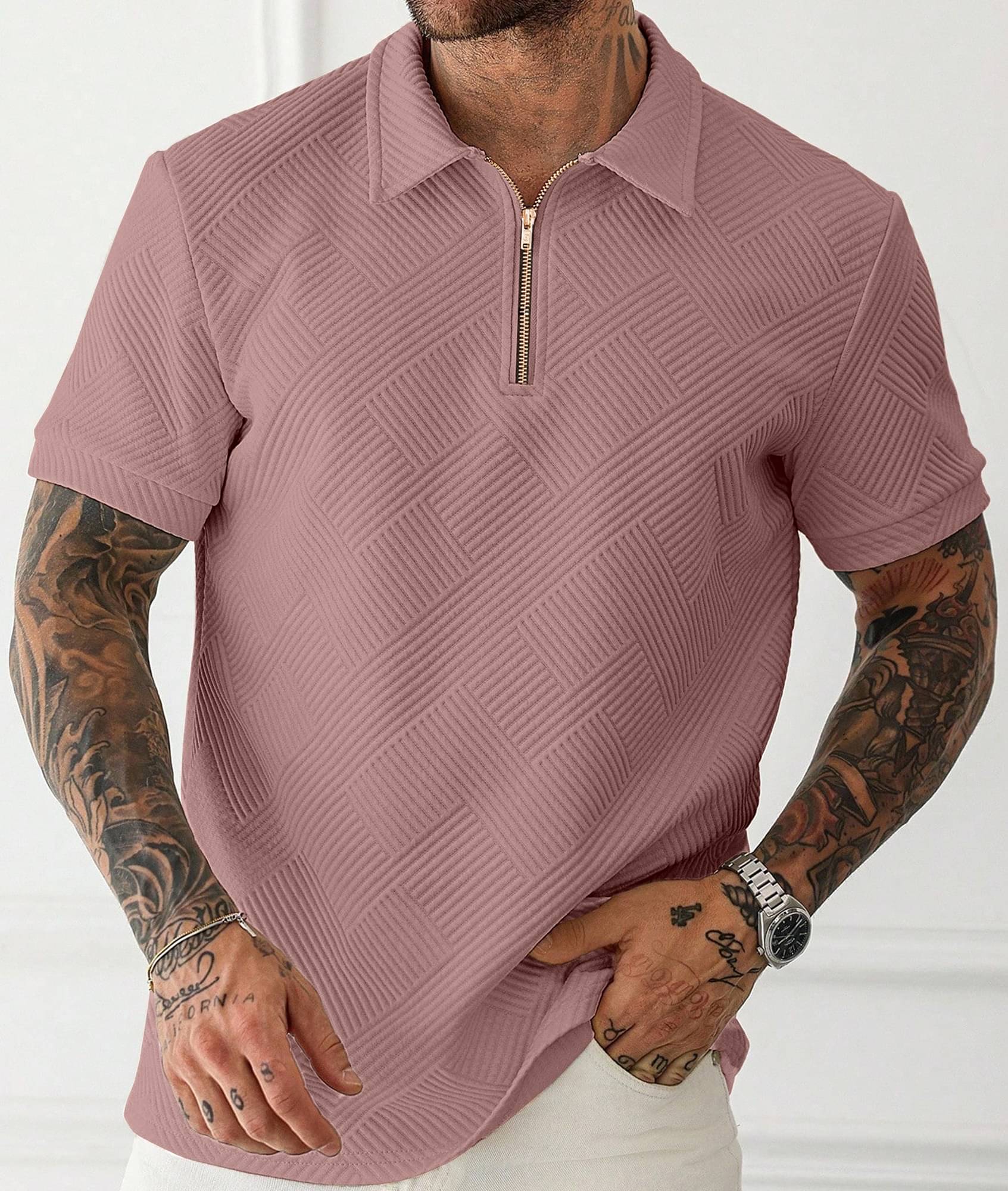     			KAJARU Men Cotton Blend Regular Fit Embellished Polo T Shirt ( Peach )