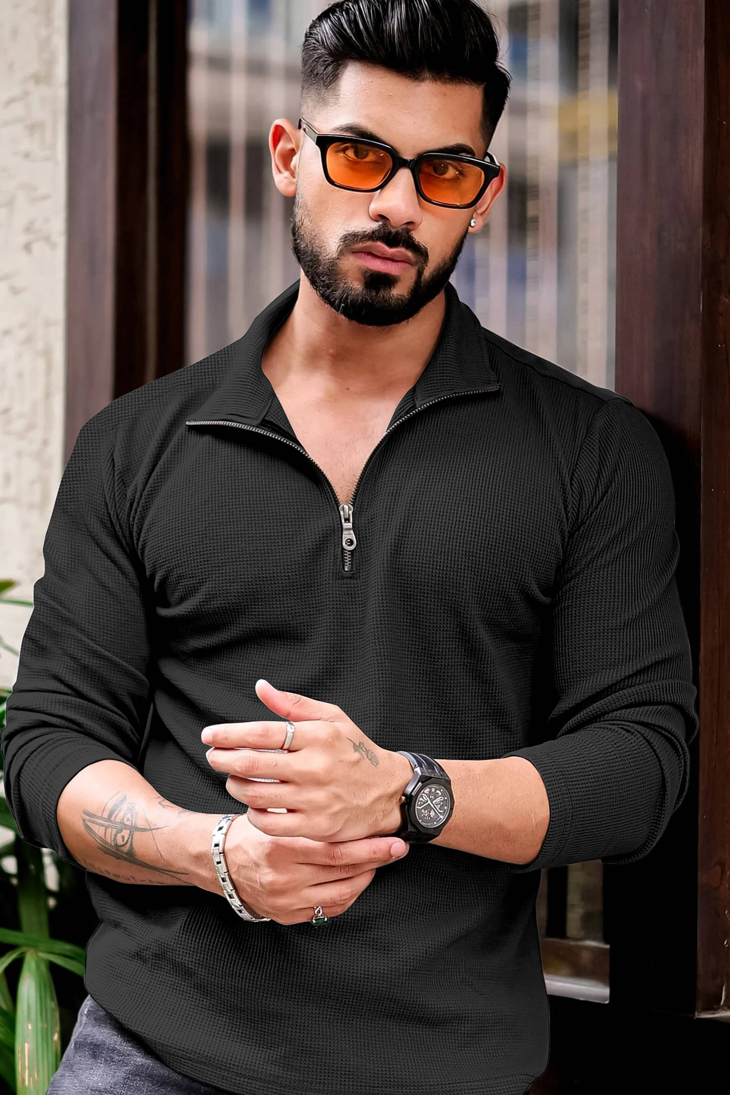 KAJARU Men Polyester Regular Fit Self Design Polo T Shirt ( Black ) KAJARU Men Polyester Regular Fit Self Design Polo T Shirt ( Black )