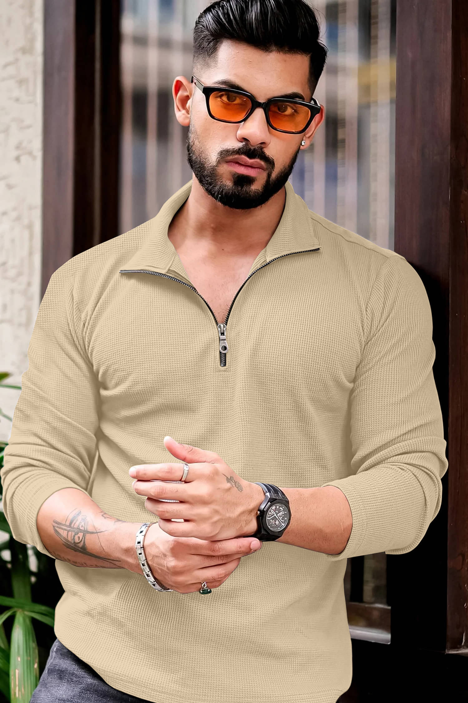     			KAJARU Men Polyester Regular Fit Self Design Polo T Shirt ( Off White )