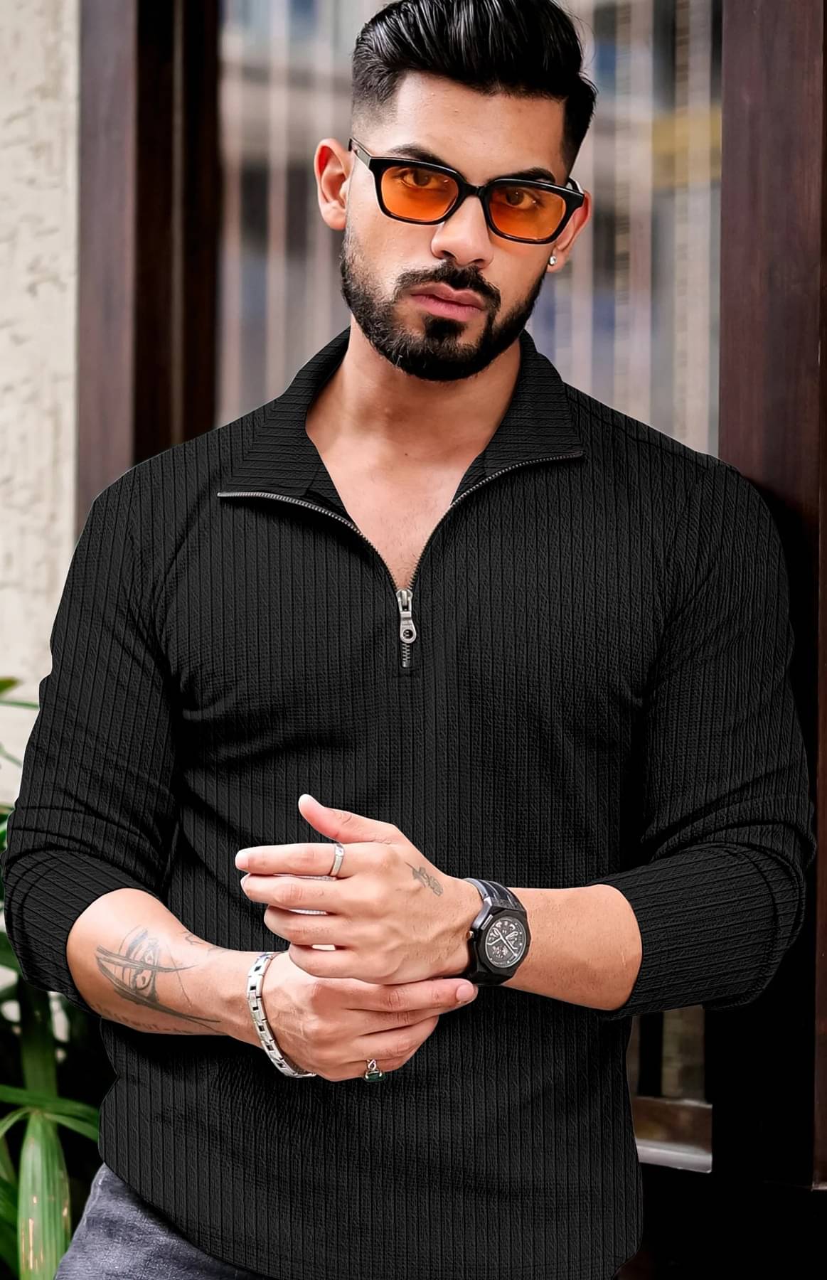 KAJARU Men Polyester Regular Fit Self Design Polo T Shirt ( Black )     			KAJARU Men Polyester Regular Fit Self Design Polo T Shirt ( Black )