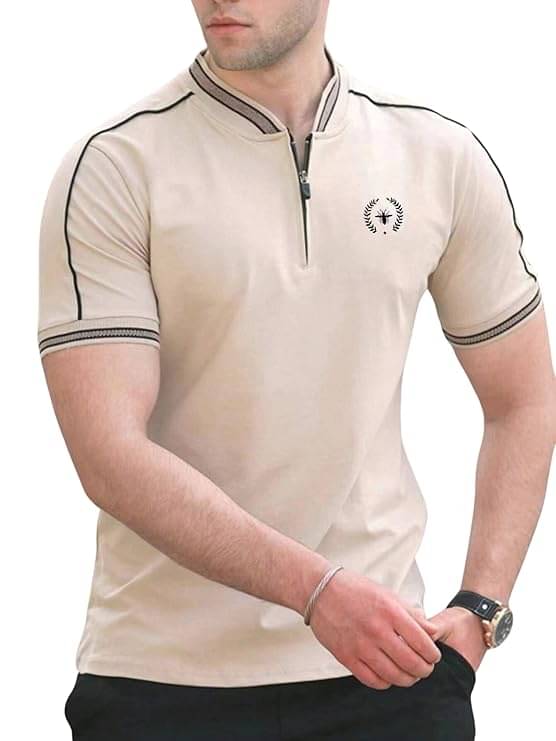 KAPDAX Men Polyester Regular Fit Self Design T-Shirt ( Beige ) KAPDAX Men Polyester Regular Fit Self Design T-Shirt ( Beige )