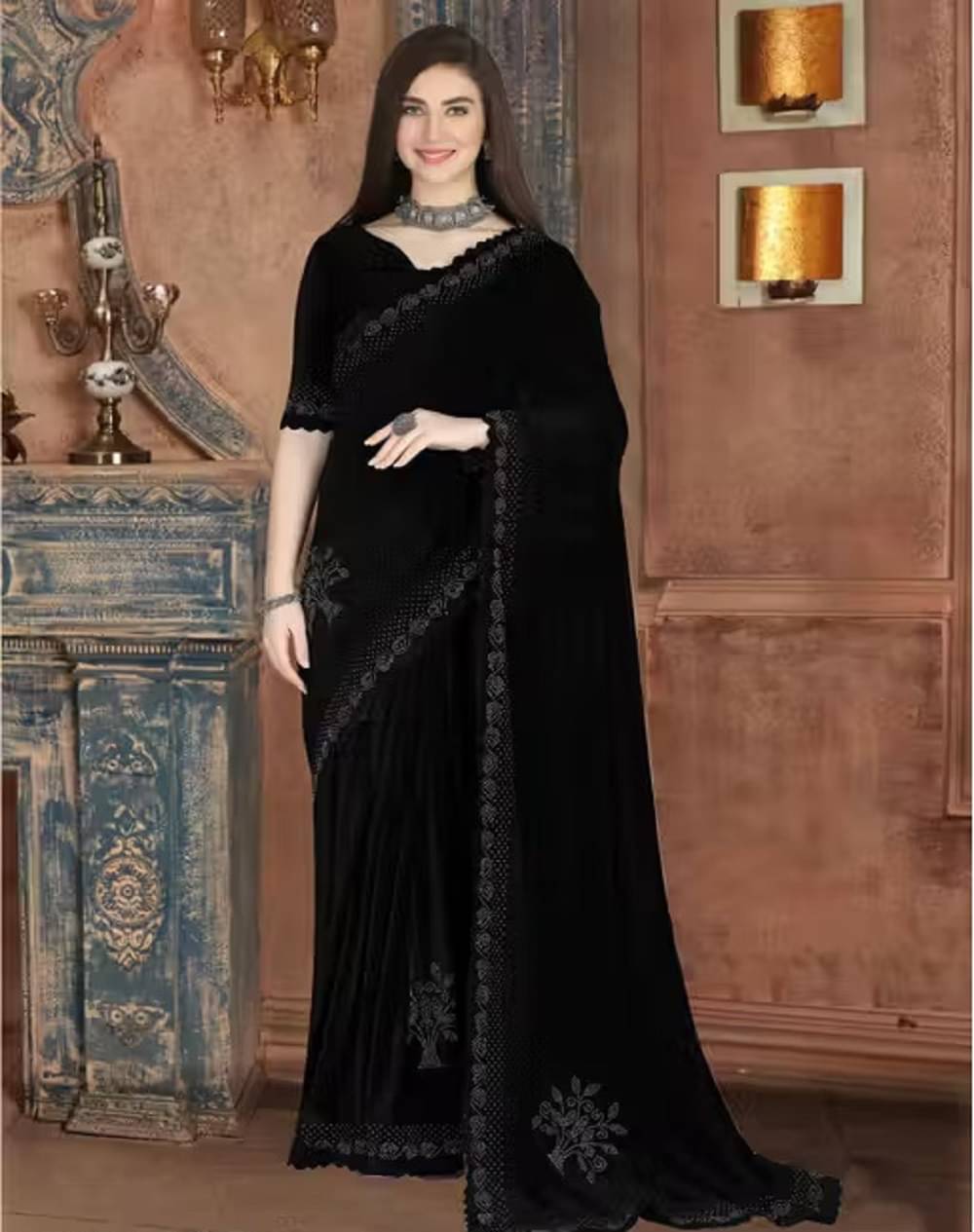     			PALKAANO Velvet Embroidered Regular Saree With Unstitched Blouse Piece ( Black )