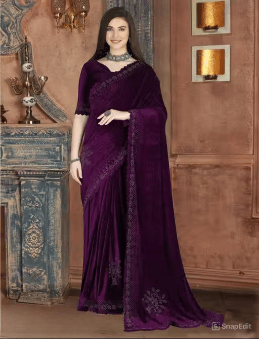     			PALKAANO Velvet Embroidered Regular Saree With Unstitched Blouse Piece ( Brown )